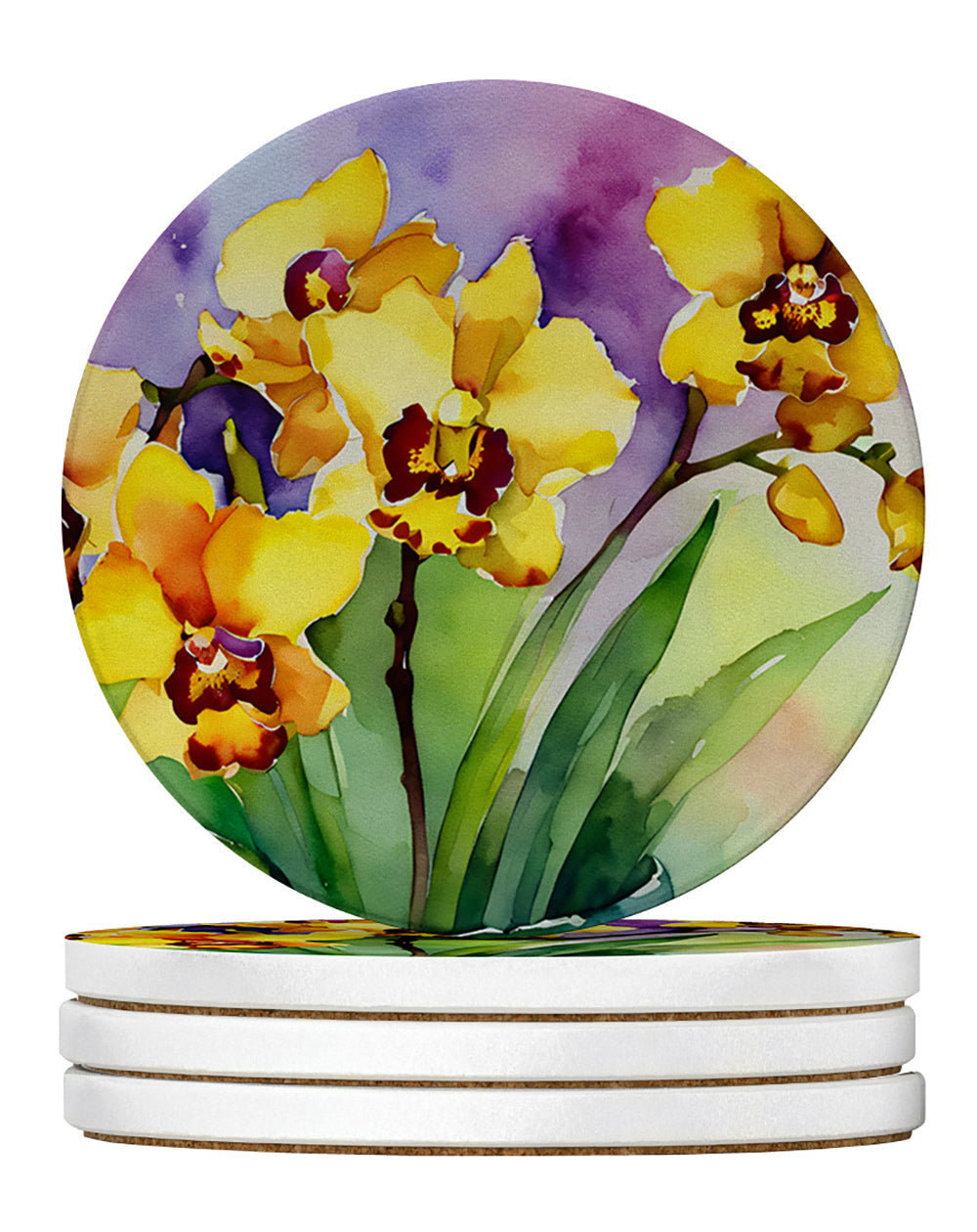 Orchids in Watercolor Large Sandstone Coasters Pack of 4 Absorbent Round Coasters Decor Gifts for Men or Women, 4 in, Multicolor