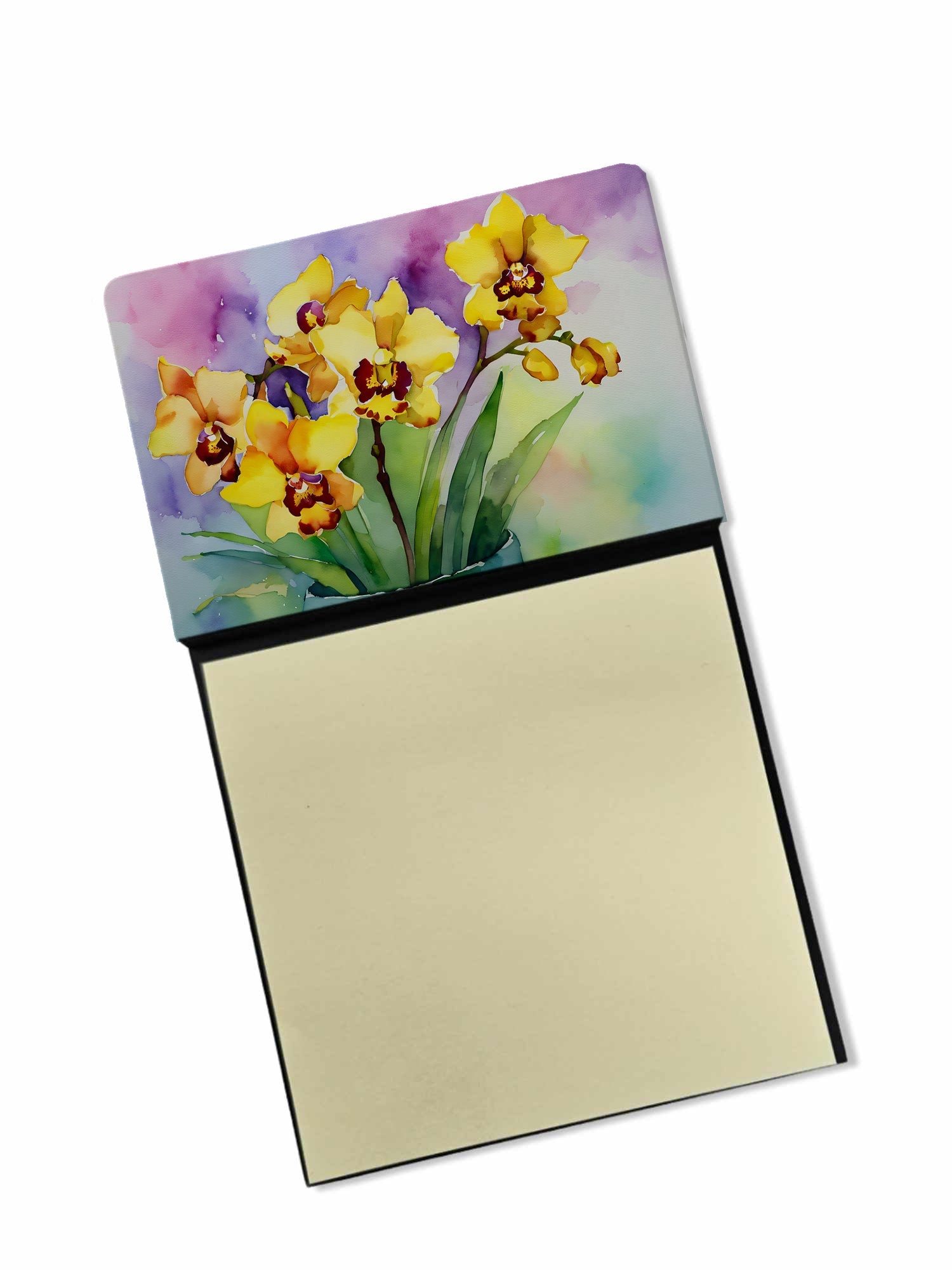 Orchids in Watercolor Watercolor Sticky Note Holder Refillable Dispenser Desk Accessory 3x3 Pad Gift