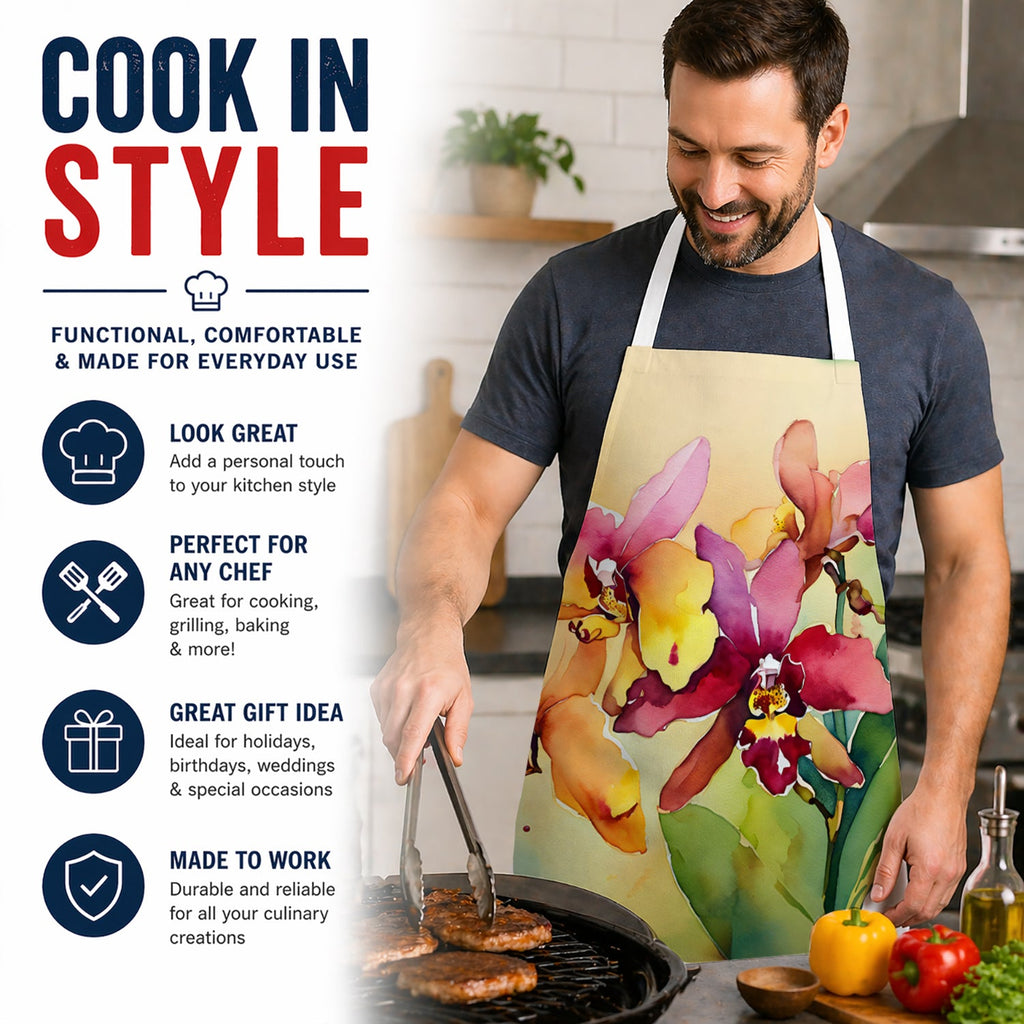 Orchids in Watercolor Apron Cooking Kitchen Server Baking Crafts Gardening for Adult Women Men, Unisex, Large, Multicolor