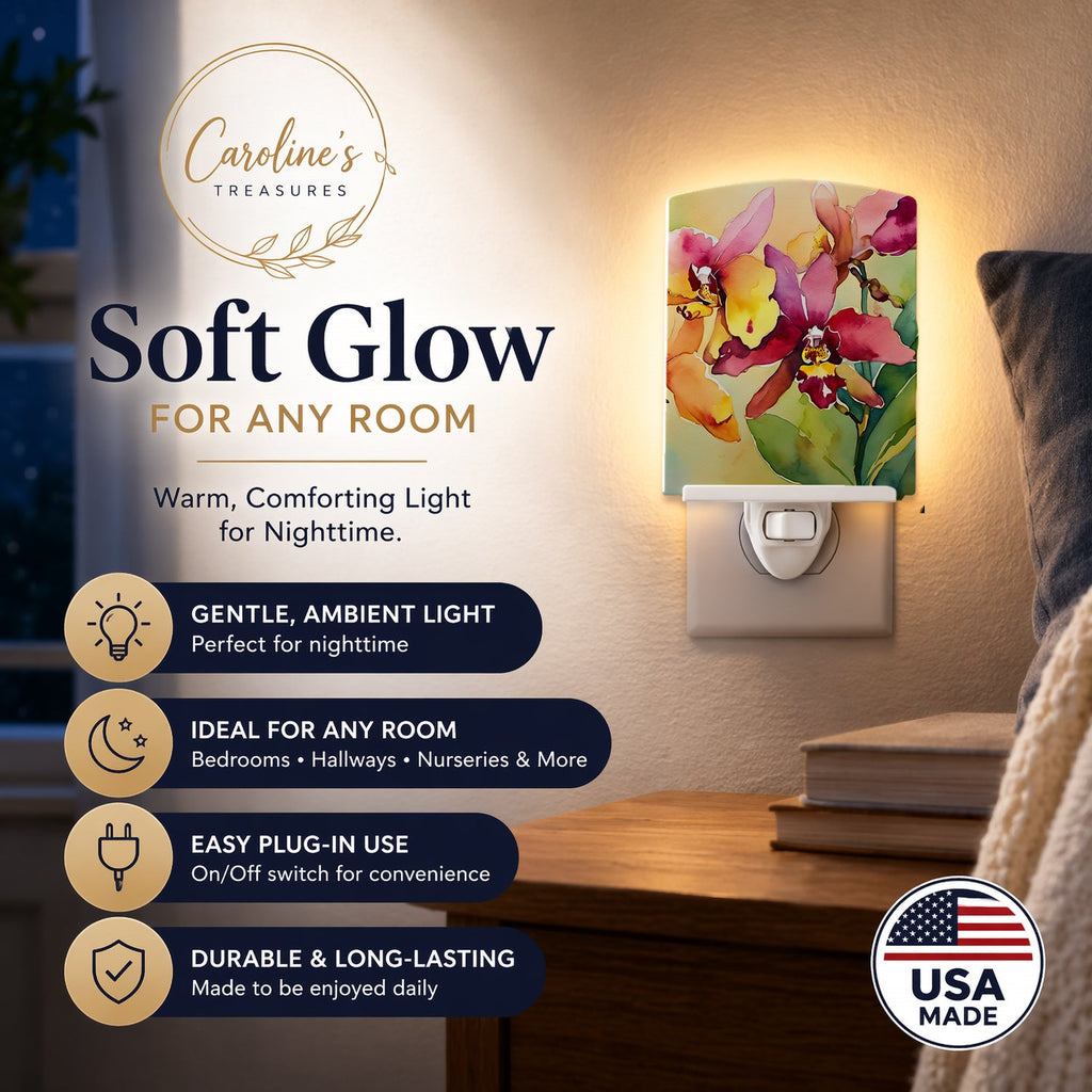 Orchids in Watercolor Ceramic Night Light Compact, UL-Certified, Ideal for Bedroom, Bathroom, Nursery, Hallway, Kitchen, 6x4x3, Multicolor