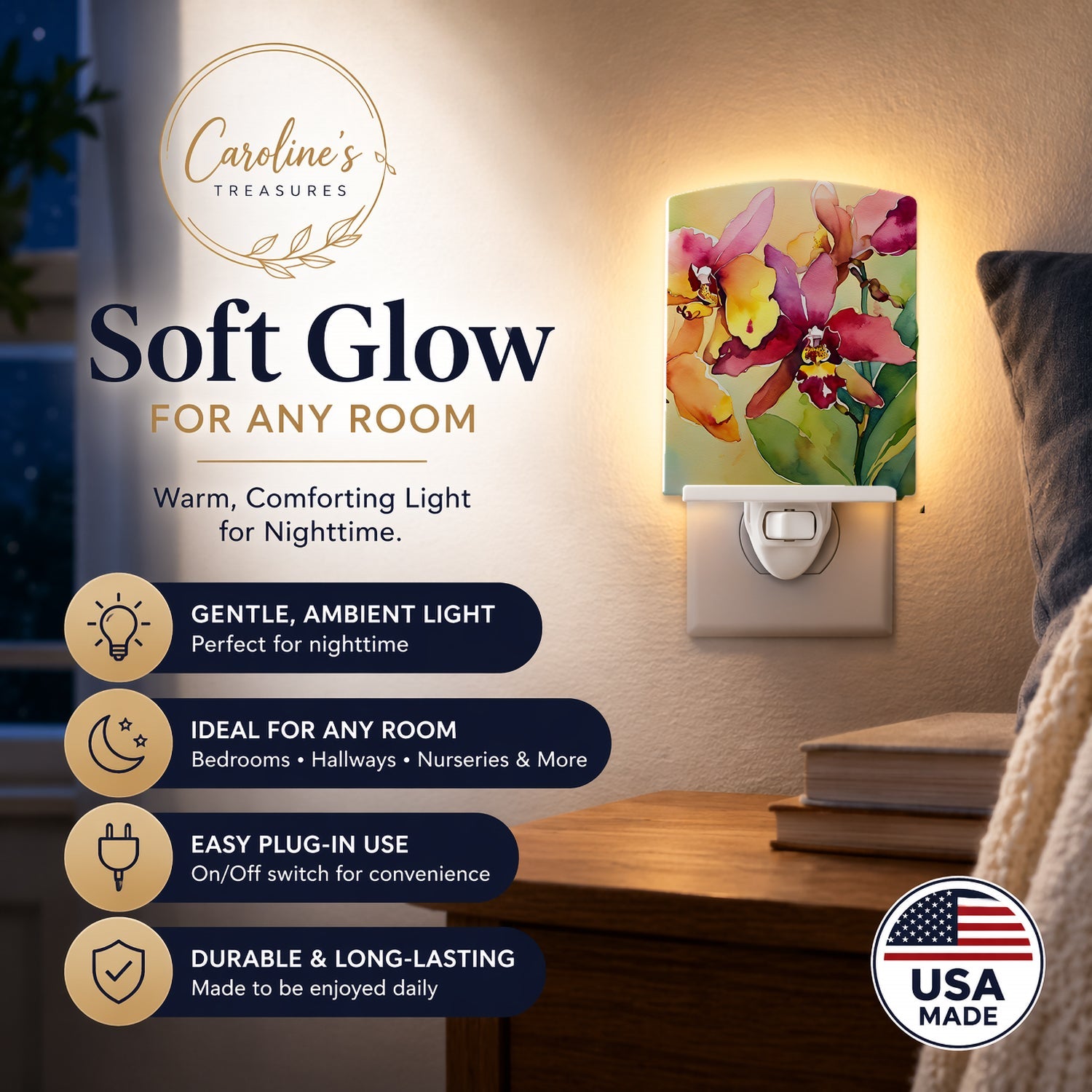 Orchids in Watercolor Ceramic Night Light Compact, UL-Certified, Ideal for Bedroom, Bathroom, Nursery, Hallway, Kitchen, 6x4x3, Multicolor