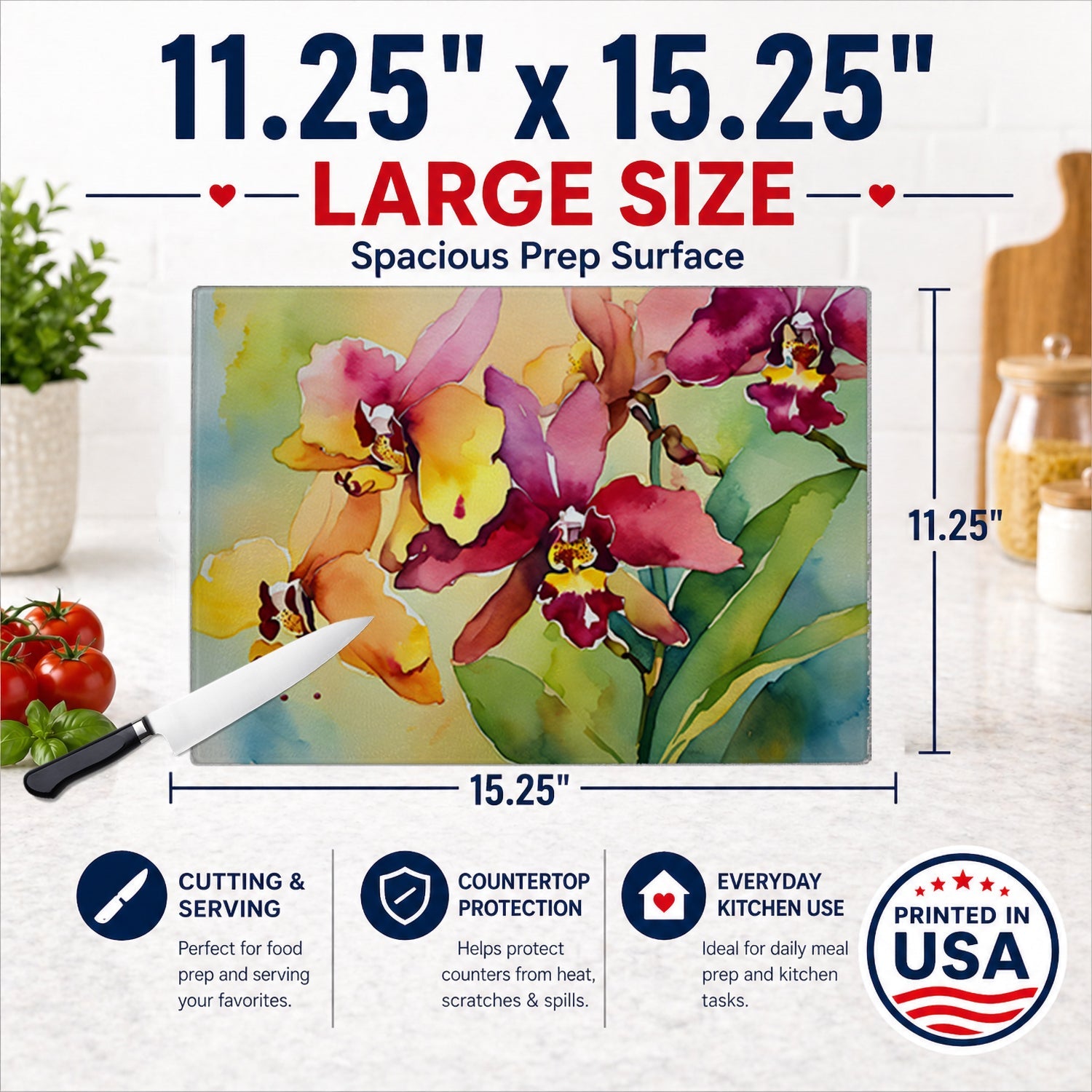 Orchids in Watercolor Cutting Board Tempered Glass Kitchen Cutting Surface, Heat Resistant Chopping, Non-Slip Feet, Food Prep & Serving