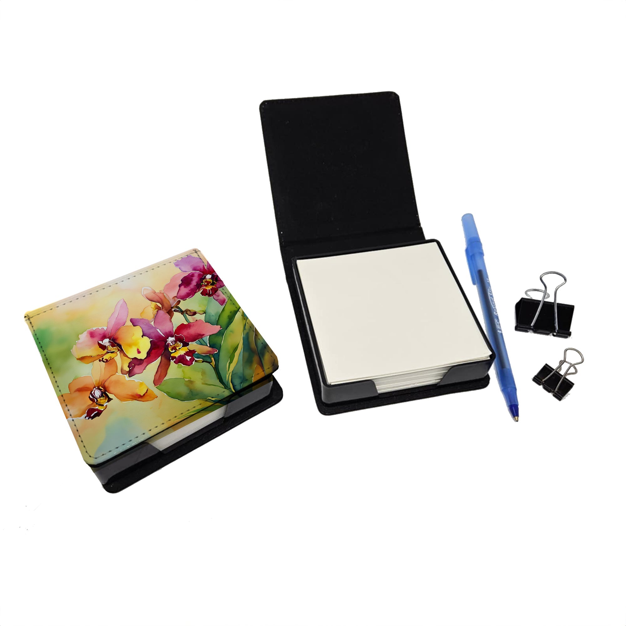 Orchids in Watercolor PU Leather Note Paper Holder with Artist-Designed Cover, Desk Accessory, Office Gift