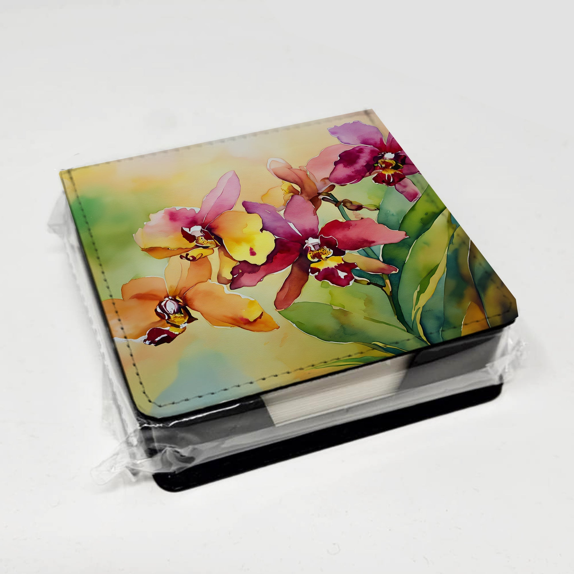 Orchids in Watercolor PU Leather Note Paper Holder with Artist-Designed Cover, Desk Accessory, Office Gift