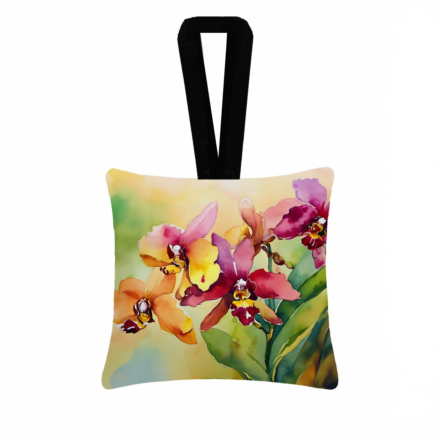 Orchids in Watercolor Hanging Square Fabric Ornament 3.5 × 3.5 Decorative Door-Knob & Tree Hanger, Soft Fabric