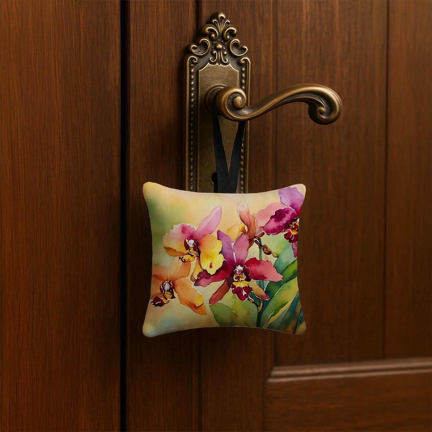Orchids in Watercolor Hanging Square Fabric Ornament 3.5 × 3.5 Decorative Door-Knob & Tree Hanger, Soft Fabric