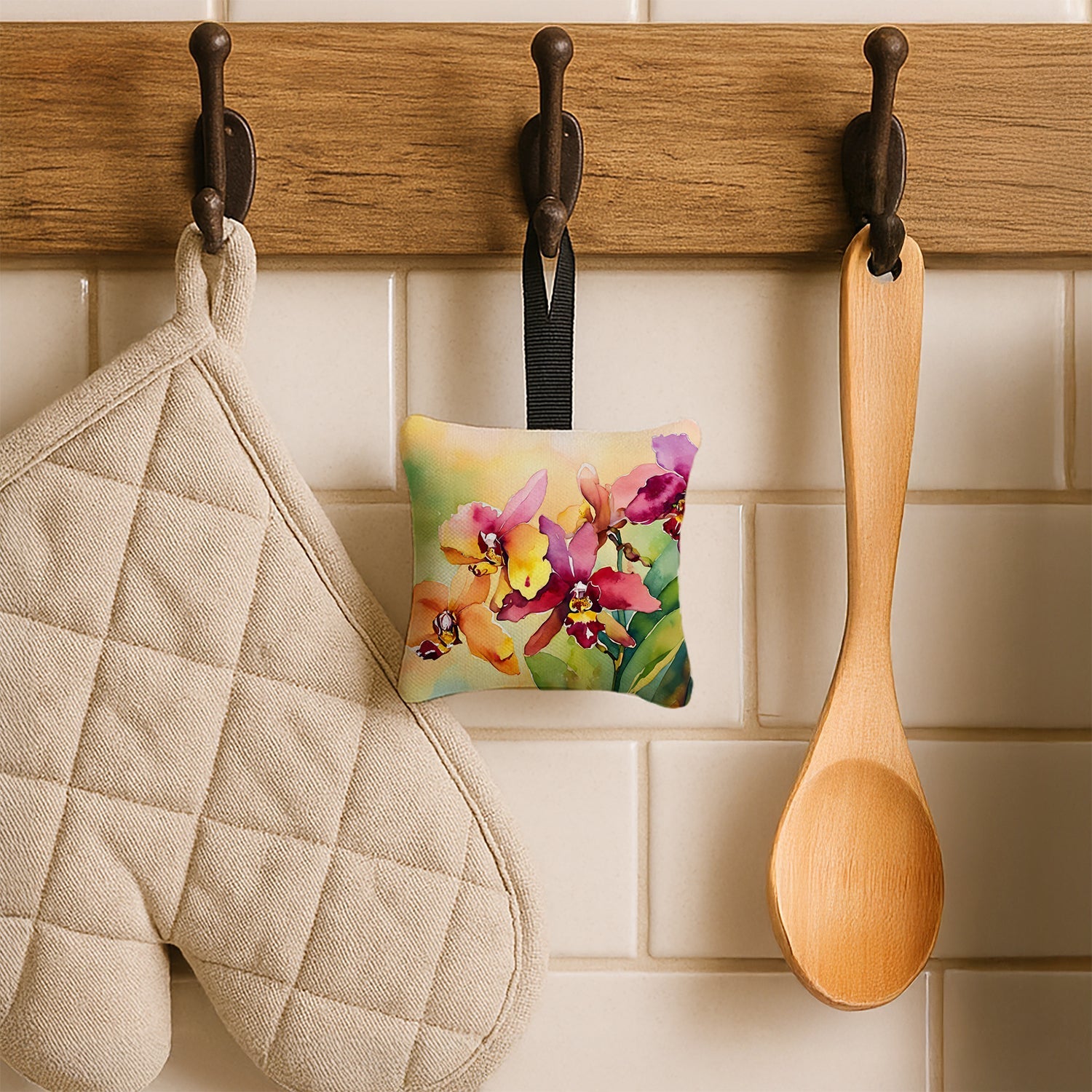 Orchids in Watercolor Hanging Square Fabric Ornament 3.5 × 3.5 Decorative Door-Knob & Tree Hanger, Soft Fabric