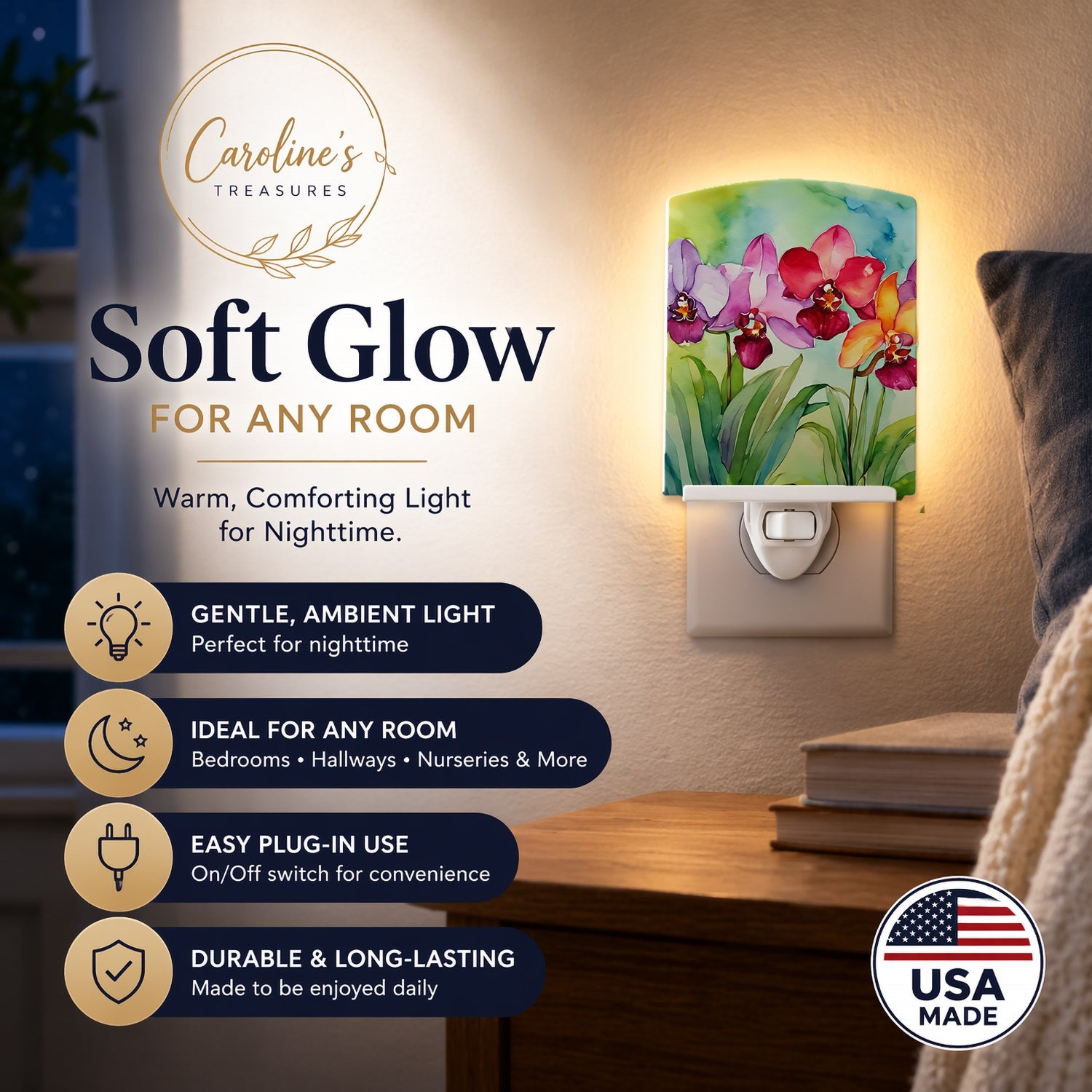 Orchids in Watercolor Ceramic Night Light Compact, UL-Certified, Ideal for Bedroom, Bathroom, Nursery, Hallway, Kitchen, 6x4x3, Multicolor