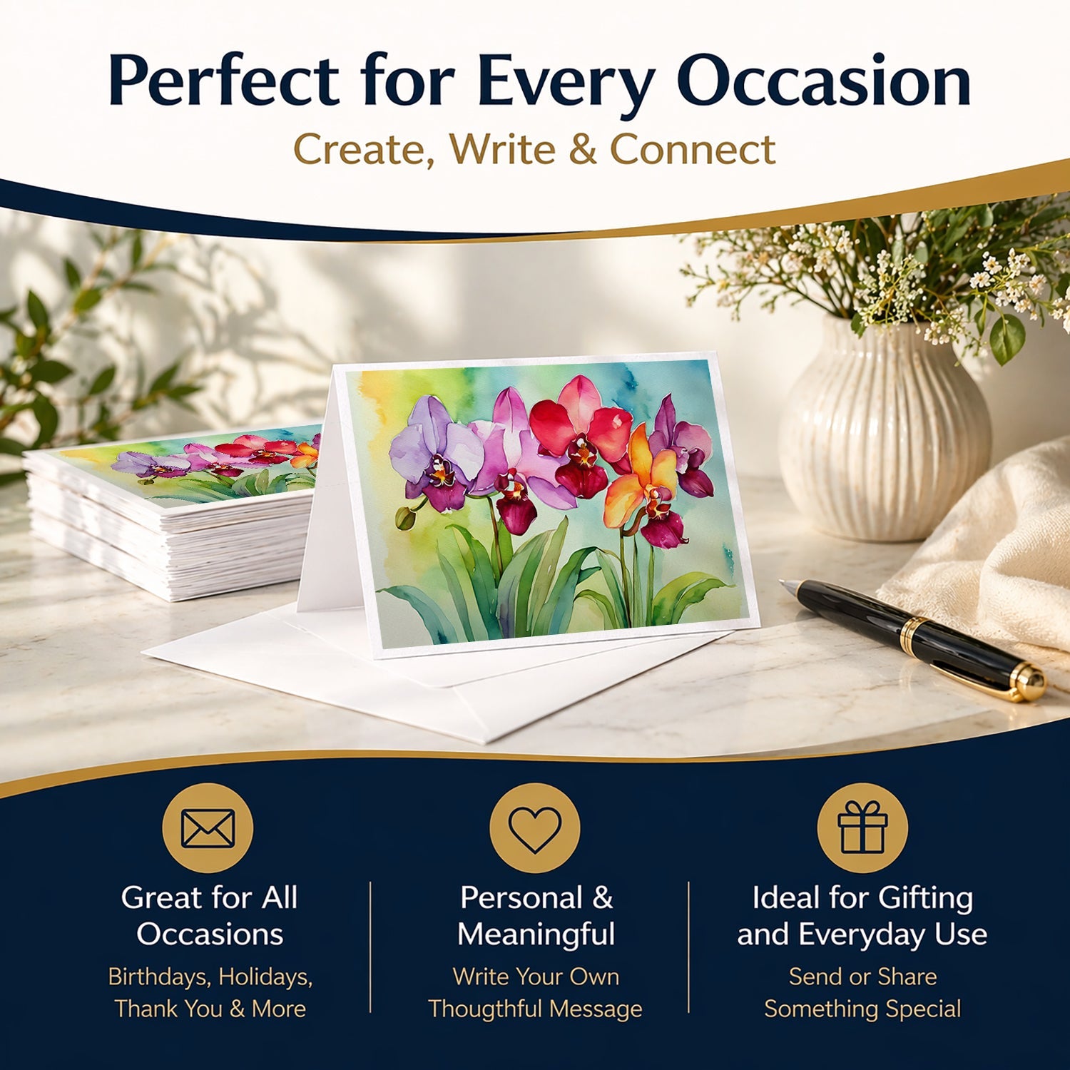 Orchids in Watercolor Greeting Cards Pack of 8 Blank Cards with Envelopes Whimsical A7 Size 5x7
