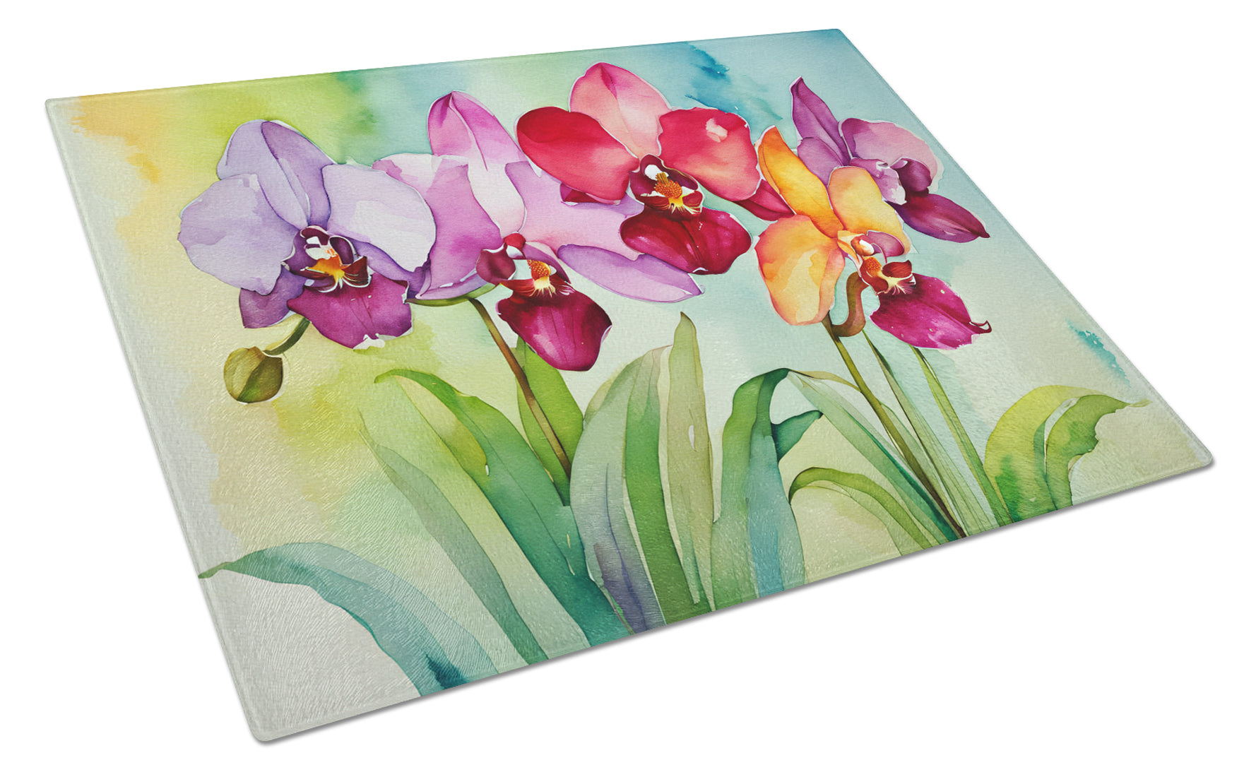 Orchids in Watercolor Cutting Board Tempered Glass Kitchen Cutting Surface, Heat Resistant Chopping, Non-Slip Feet, Food Prep & Serving