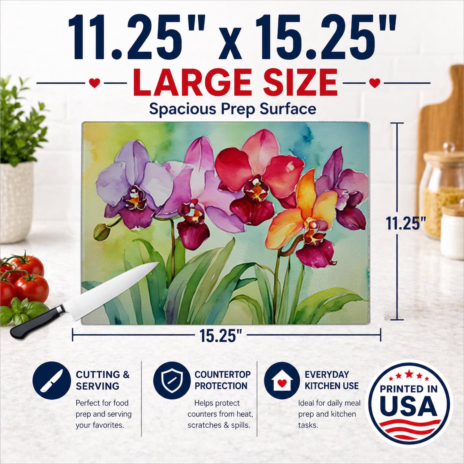 Orchids in Watercolor Cutting Board Tempered Glass Kitchen Cutting Surface, Heat Resistant Chopping, Non-Slip Feet, Food Prep & Serving