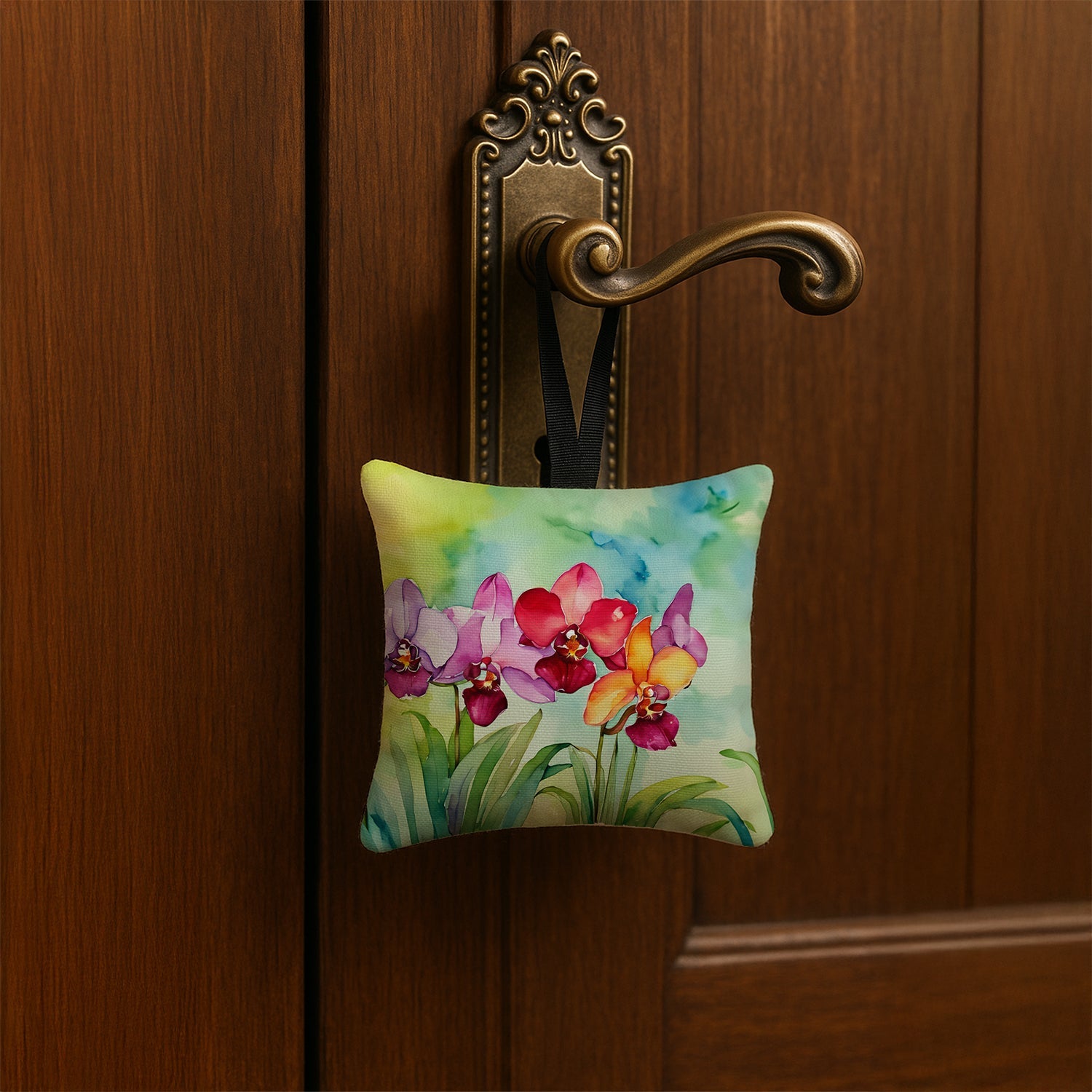 Orchids in Watercolor Hanging Square Fabric Ornament 3.5 × 3.5 Decorative Door-Knob & Tree Hanger, Soft Fabric