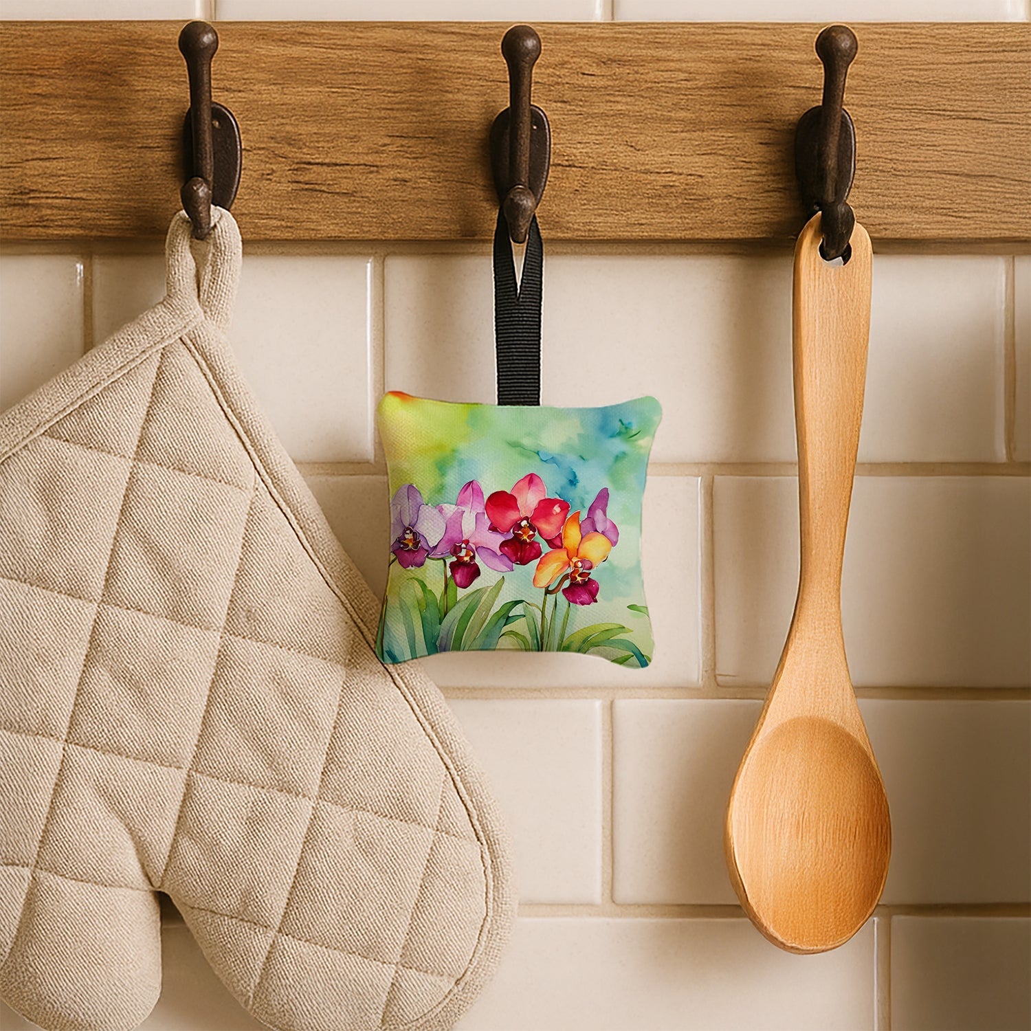 Orchids in Watercolor Hanging Square Fabric Ornament 3.5 × 3.5 Decorative Door-Knob & Tree Hanger, Soft Fabric