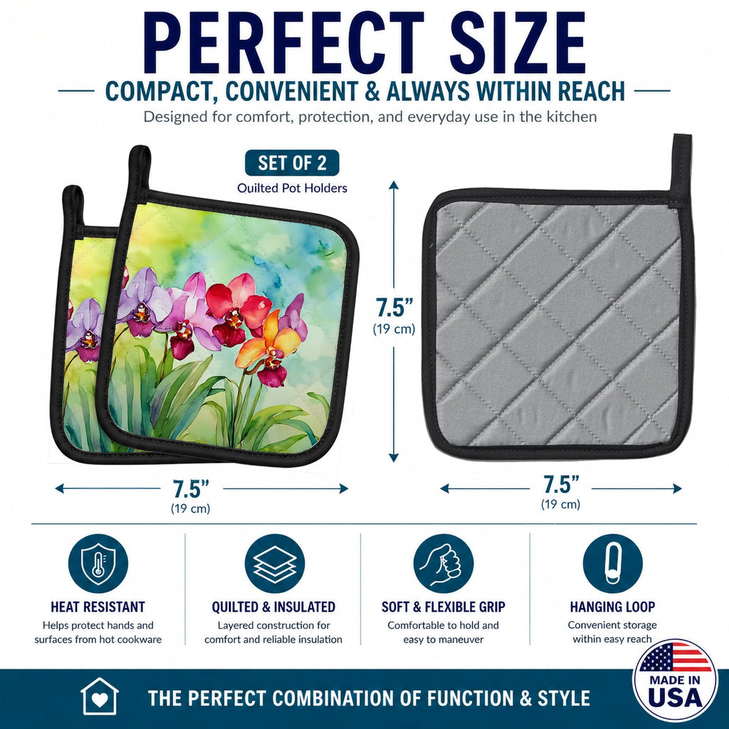Orchids in Watercolor Pot Holder Set of 2 Heat Resistant Quilted Hot Pads 7.5 x 7.5 Inch, Insulated Kitchen Trivets for Cooking & Baking