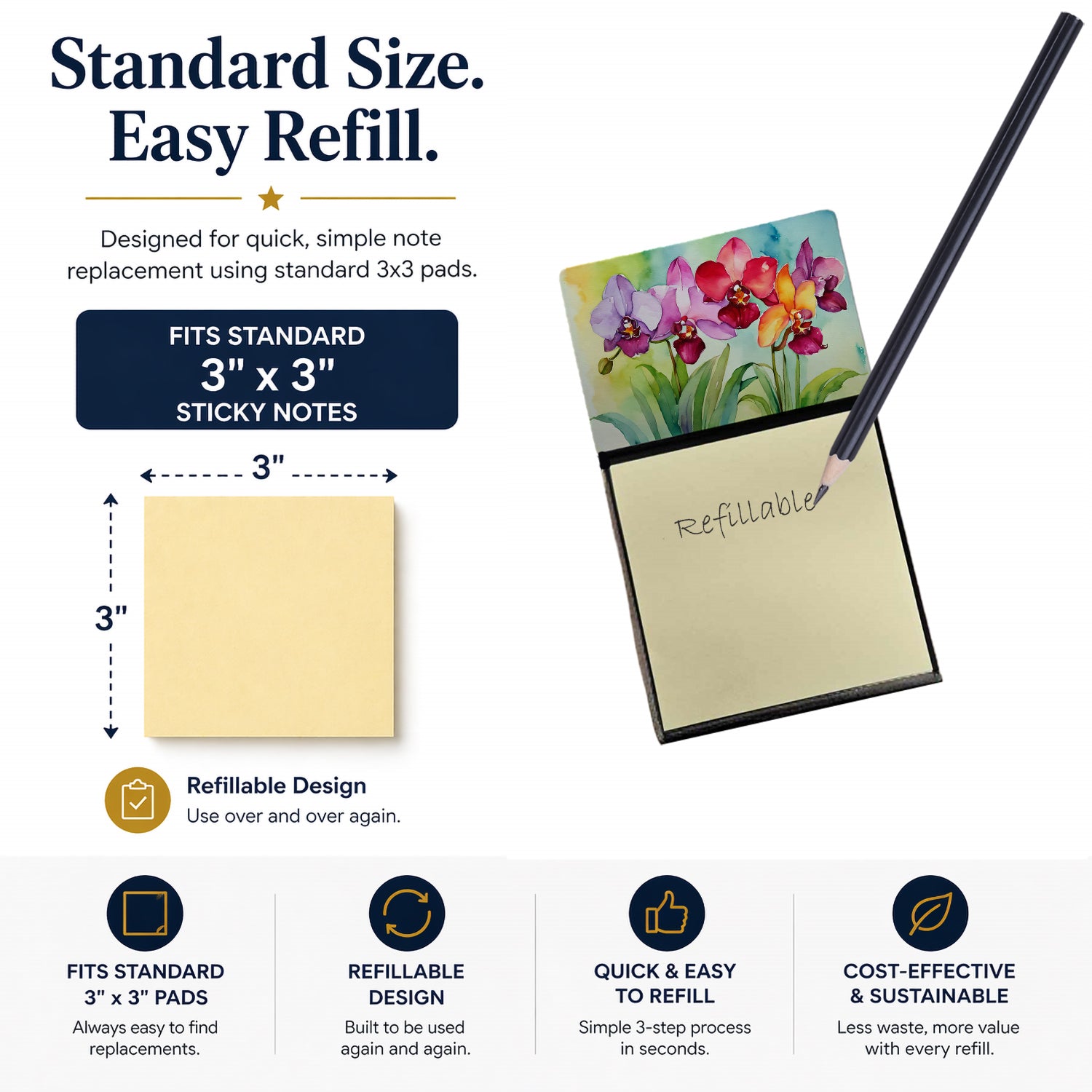 Orchids in Watercolor Watercolor Sticky Note Holder Refillable Dispenser Desk Accessory 3x3 Pad Gift