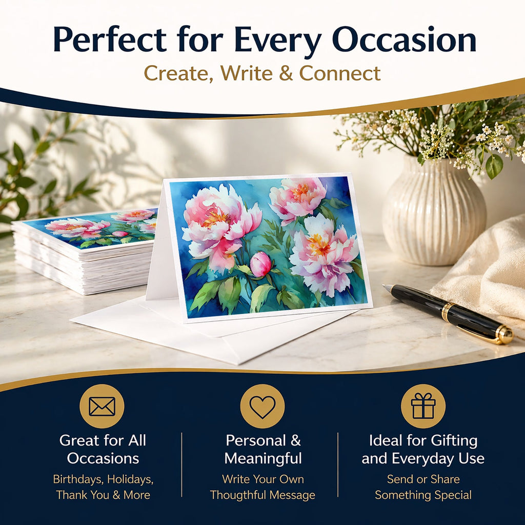 Peonies in Watercolor Greeting Cards Pack of 8 Blank Cards with Envelopes Whimsical A7 Size 5x7