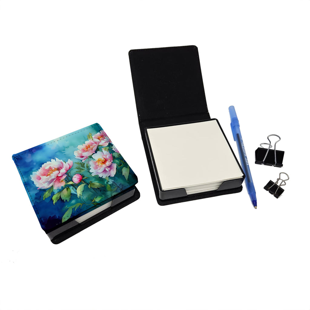 Peonies in Watercolor PU Leather Note Paper Holder with Artist-Designed Cover, Desk Accessory, Office Gift