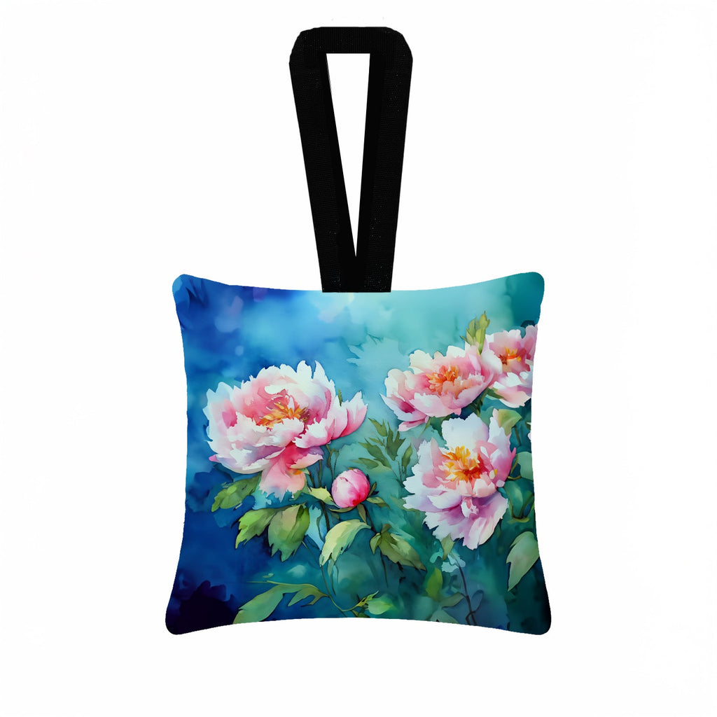 Peonies in Watercolor Hanging Square Fabric Ornament 3.5 × 3.5 Decorative Door-Knob & Tree Hanger, Soft Fabric