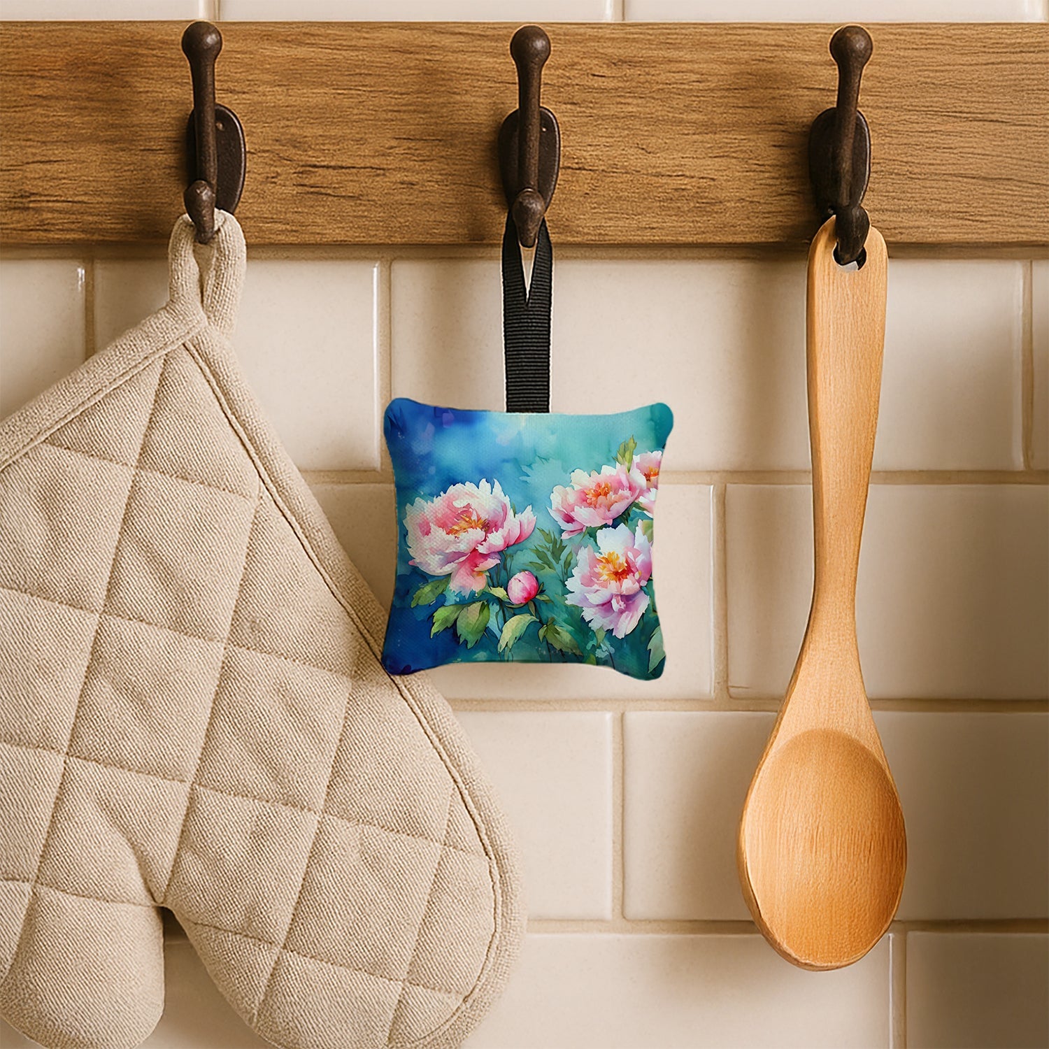 Peonies in Watercolor Hanging Square Fabric Ornament 3.5 × 3.5 Decorative Door-Knob & Tree Hanger, Soft Fabric