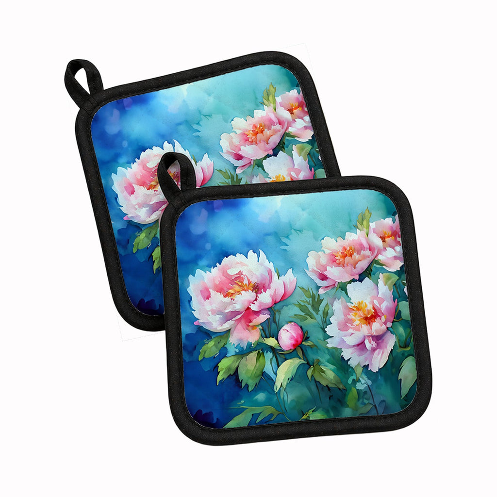 Peonies in Watercolor Pot Holder Set of 2 Heat Resistant Quilted Hot Pads 7.5 x 7.5 Inch, Insulated Kitchen Trivets for Cooking & Baking