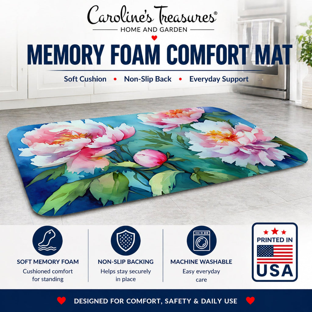 Peonies in Watercolor Memory Foam Kitchen Mat Machine Washable Anti-Fatigue Cushion Comfort Bath or Kitchen Rug