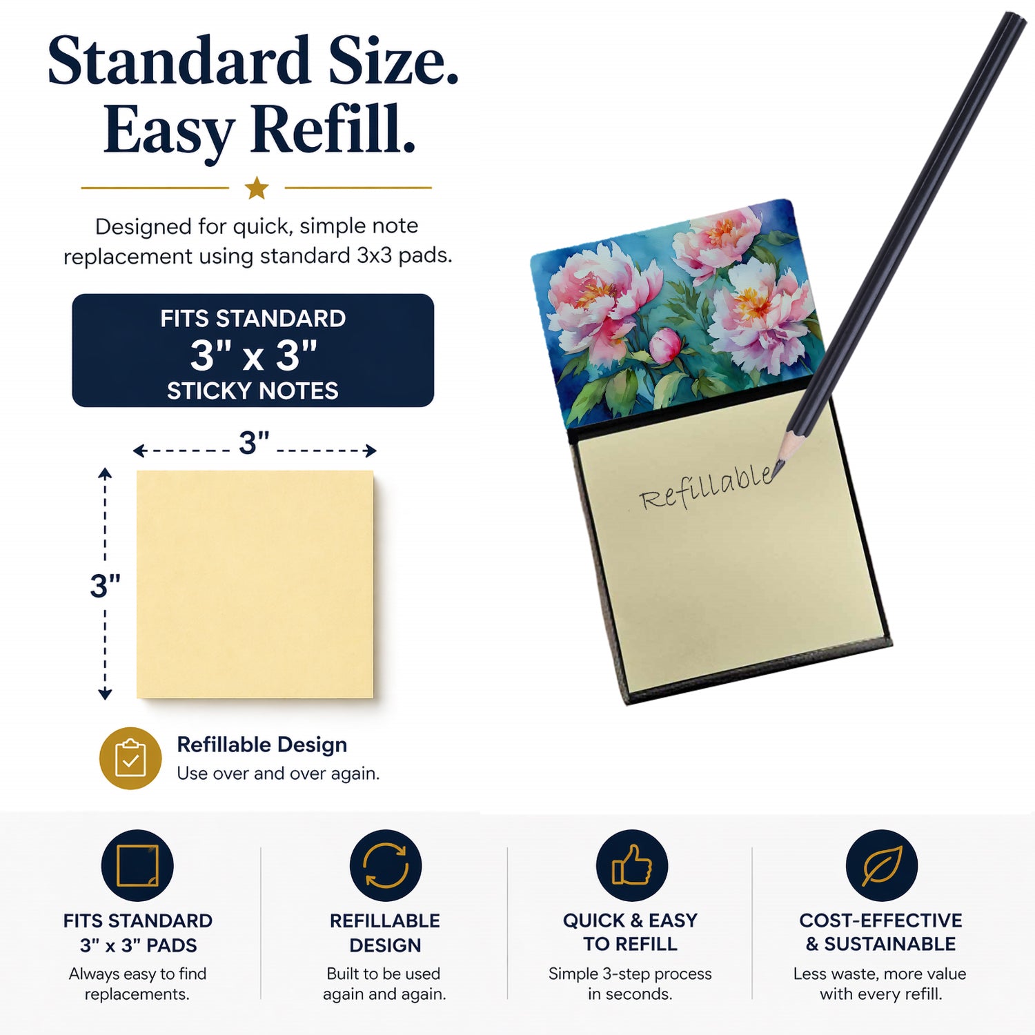 Peonies in Watercolor Watercolor Sticky Note Holder Refillable Dispenser Desk Accessory 3x3 Pad Gift