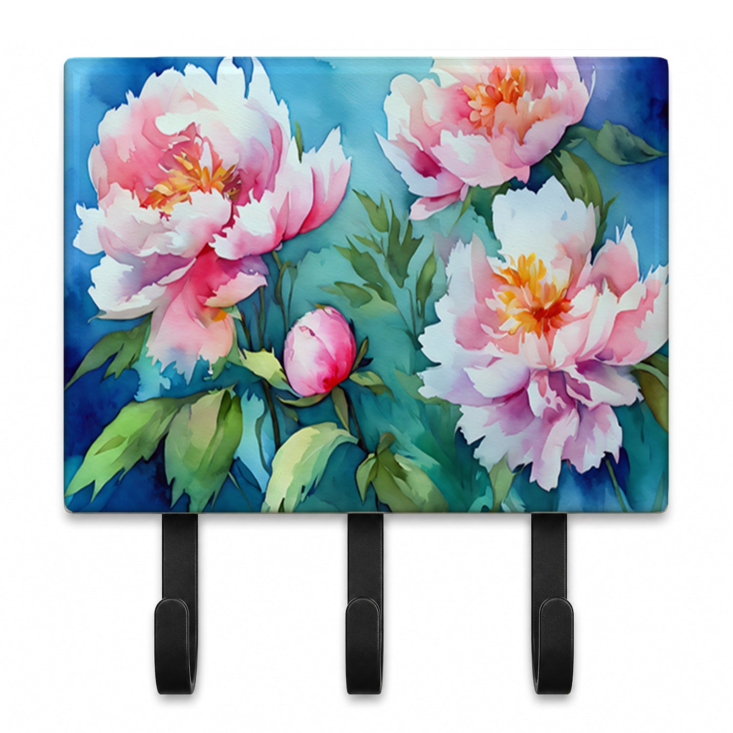 Peonies in Watercolor Leash or Key Holder Wall Hooks, Coat Rack Wall Mount, for Hanging Keys, Towels, Aprons, Leashes