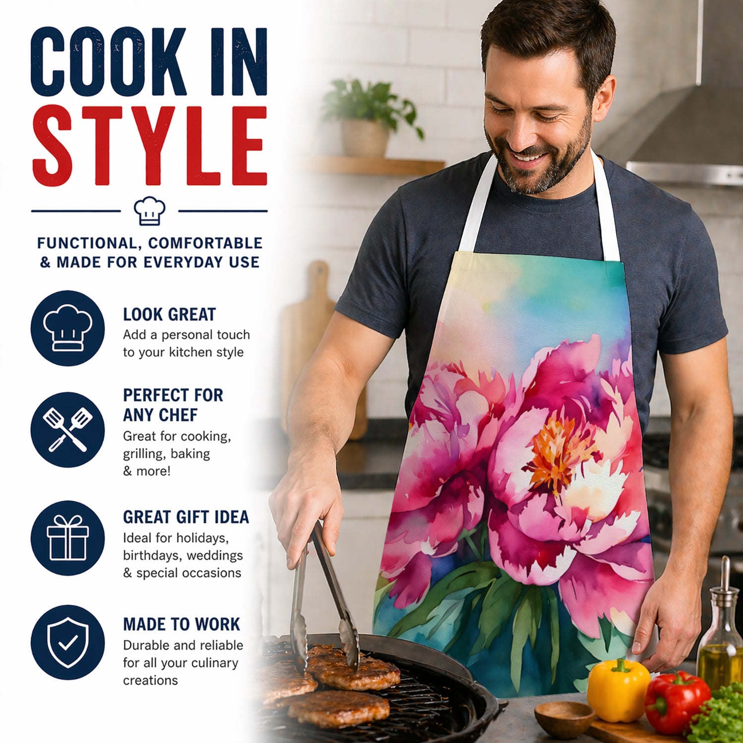 Peonies in Watercolor Apron Cooking Kitchen Server Baking Crafts Gardening for Adult Women Men, Unisex, Large, Multicolor