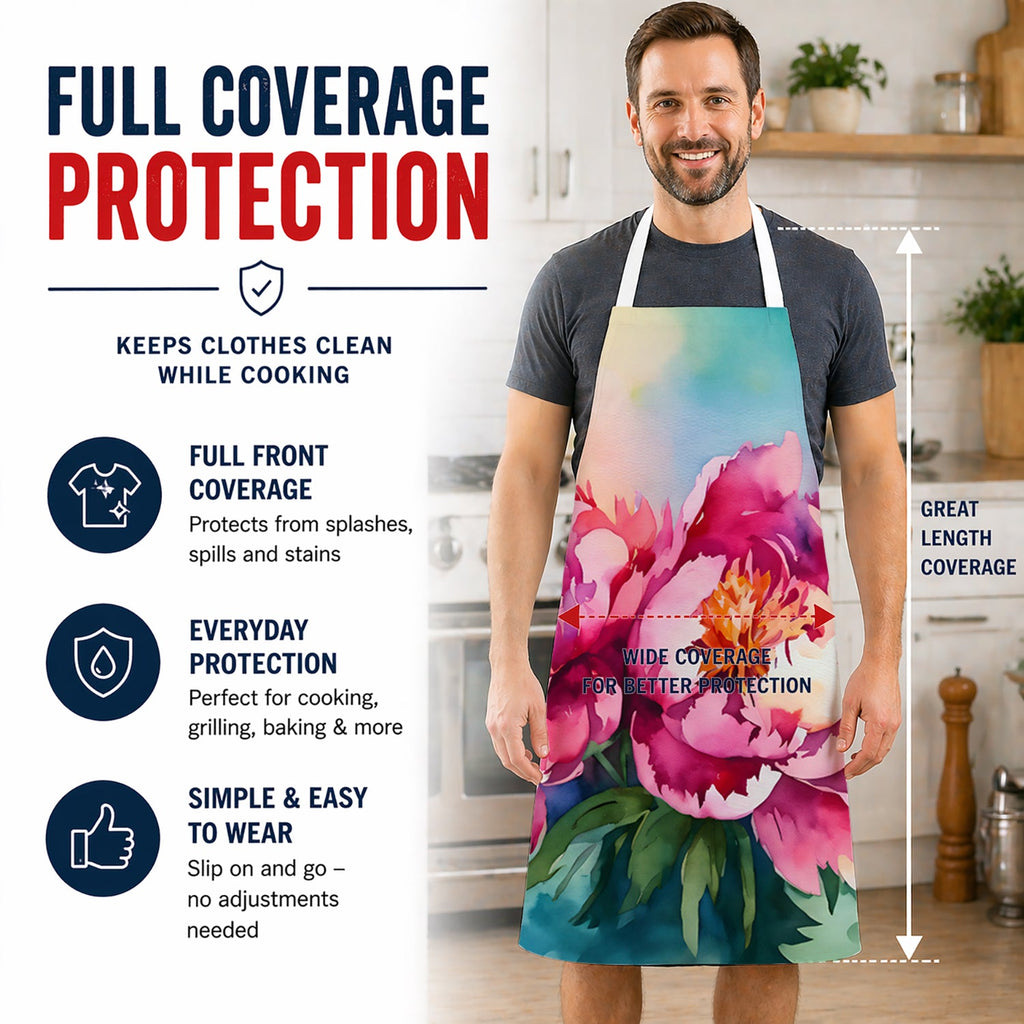 Peonies in Watercolor Apron Cooking Kitchen Server Baking Crafts Gardening for Adult Women Men, Unisex, Large, Multicolor