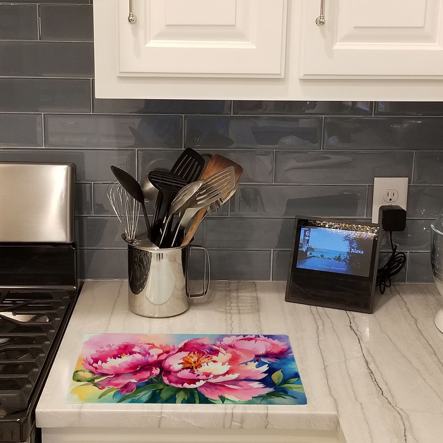 Peonies in Watercolor Cutting Board Tempered Glass Kitchen Cutting Surface, Heat Resistant Chopping, Non-Slip Feet, Food Prep & Serving