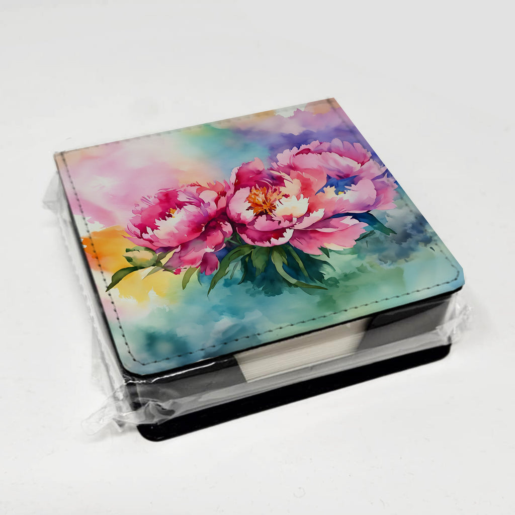 Peonies in Watercolor PU Leather Note Paper Holder with Artist-Designed Cover, Desk Accessory, Office Gift
