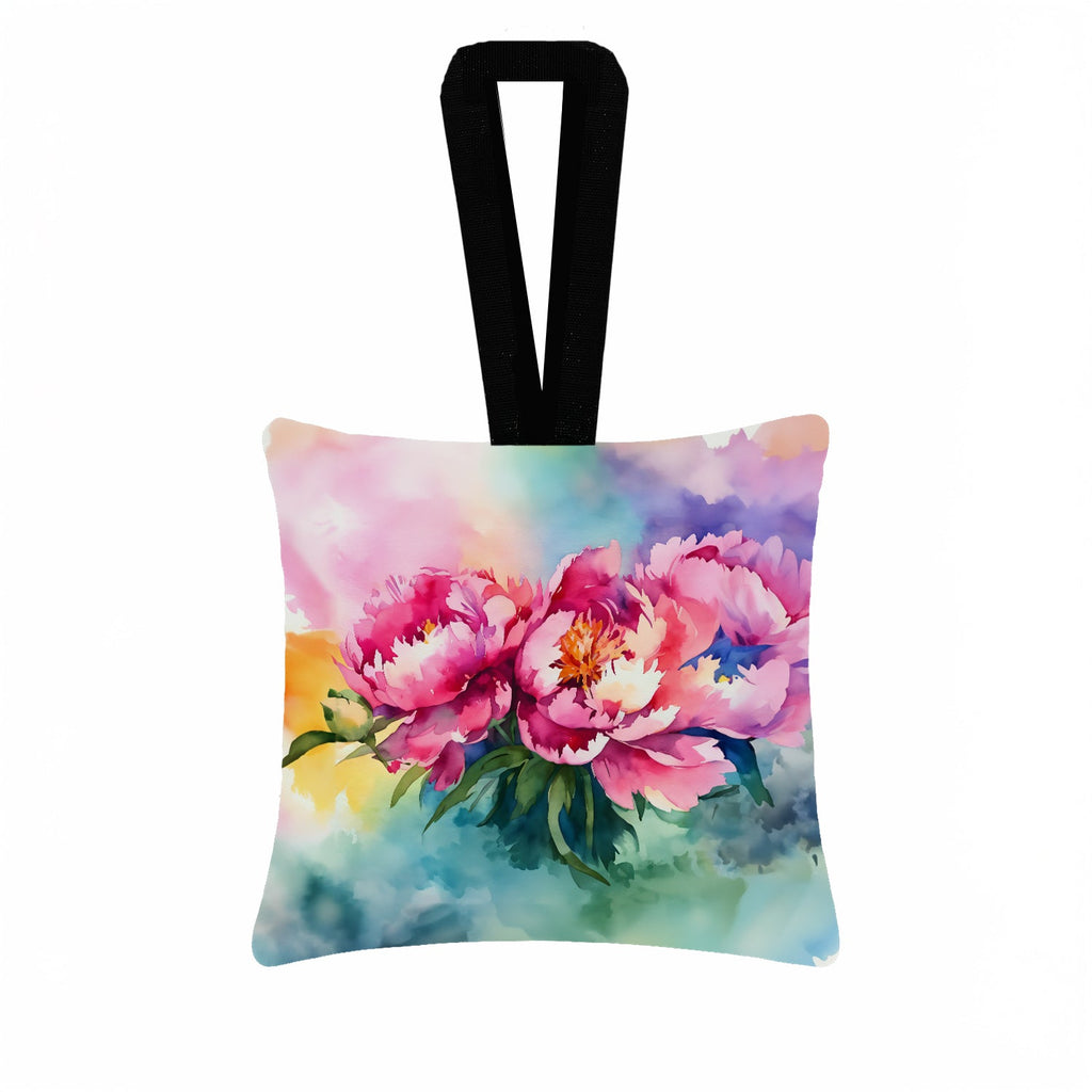 Peonies in Watercolor Hanging Square Fabric Ornament 3.5 × 3.5 Decorative Door-Knob & Tree Hanger, Soft Fabric