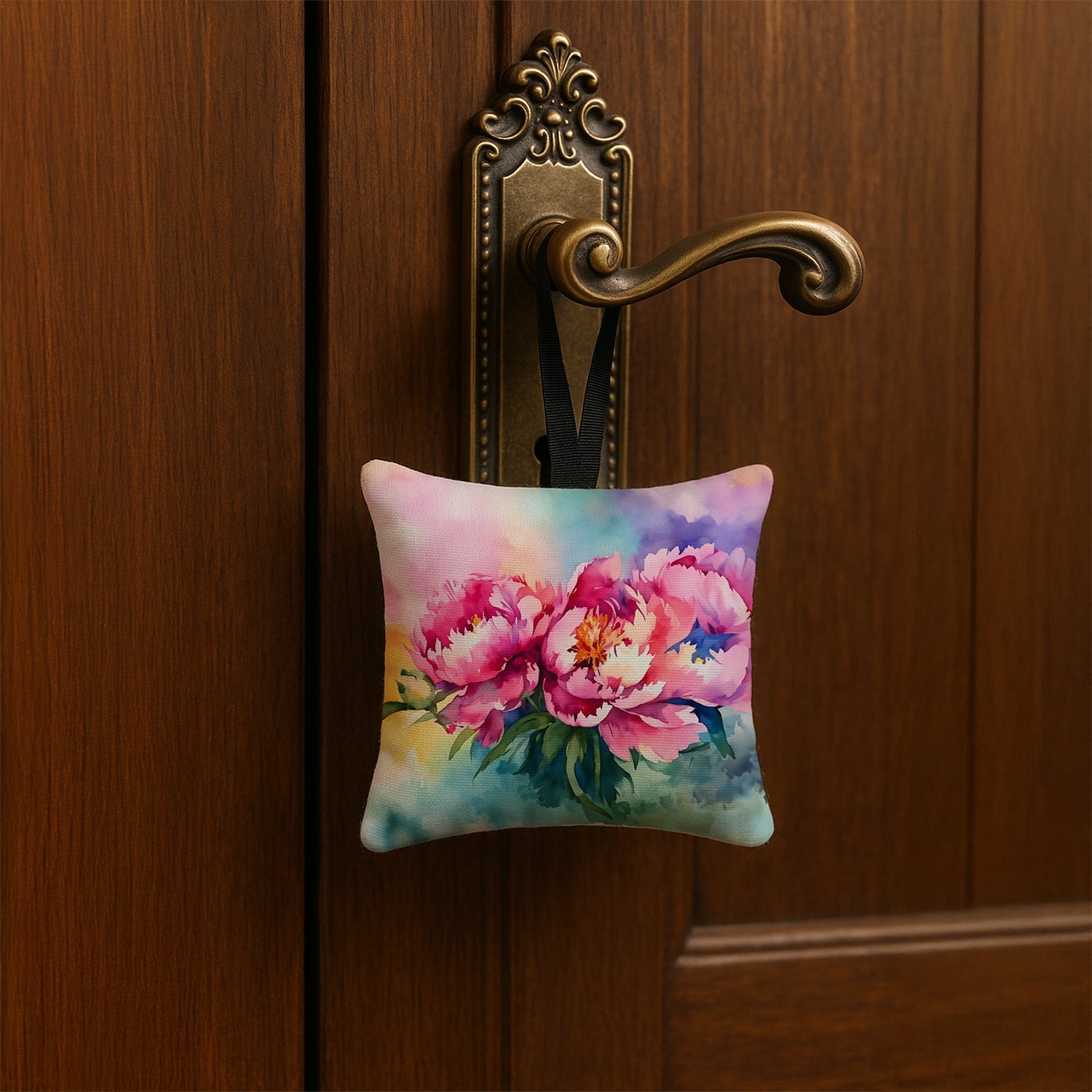 Peonies in Watercolor Hanging Square Fabric Ornament 3.5 × 3.5 Decorative Door-Knob & Tree Hanger, Soft Fabric