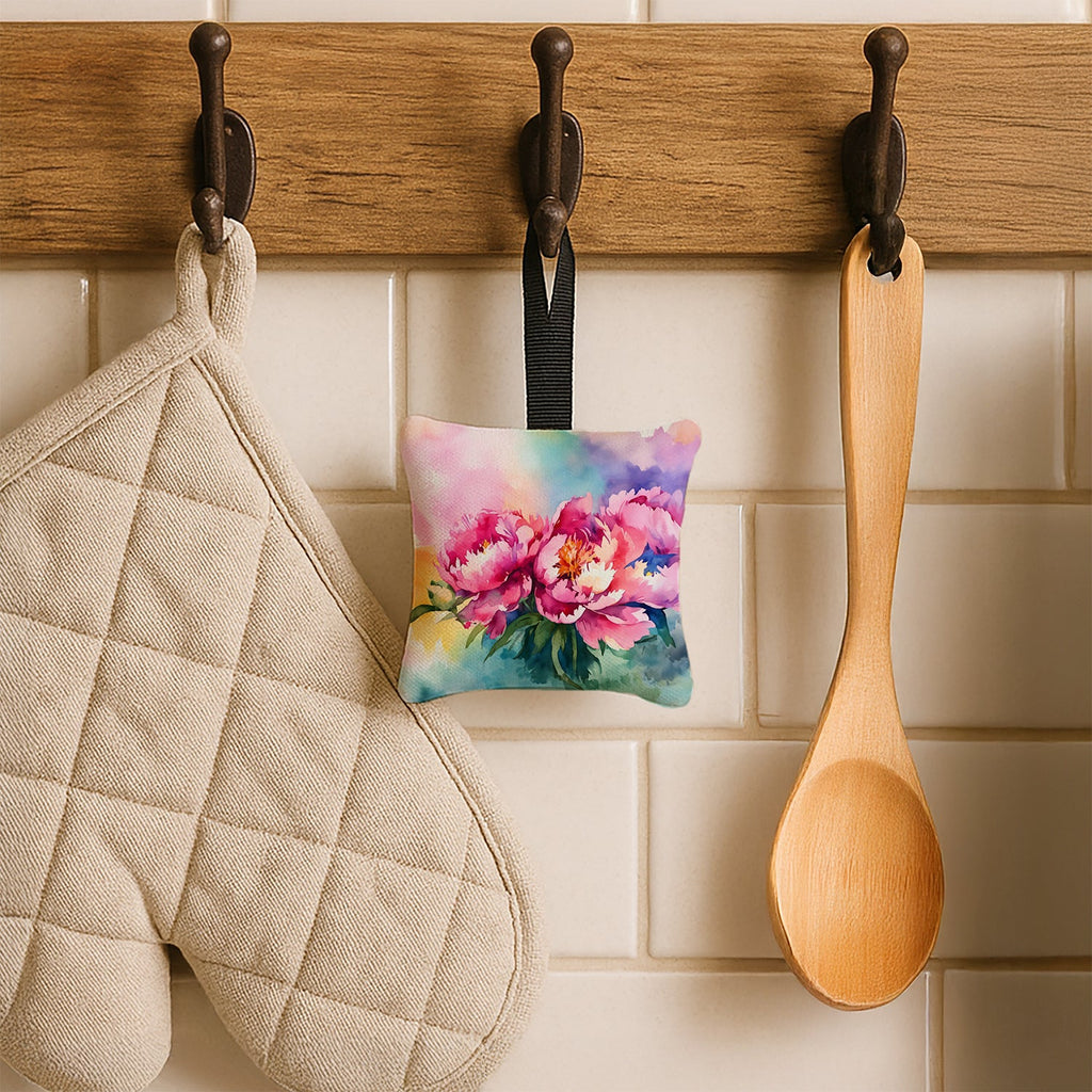 Peonies in Watercolor Hanging Square Fabric Ornament 3.5 × 3.5 Decorative Door-Knob & Tree Hanger, Soft Fabric