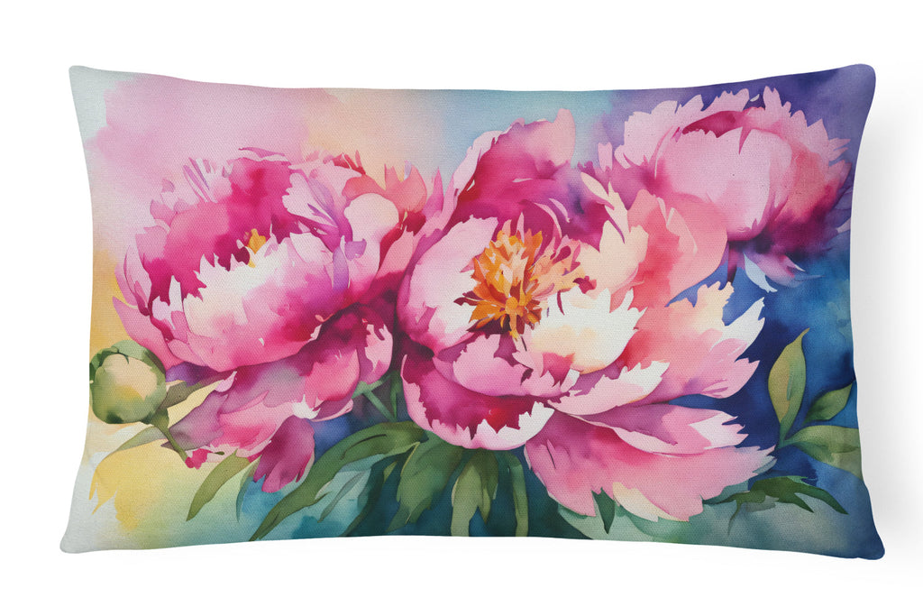 Peonies in Watercolor Decorative Throw Pillow 12x16 Indoor Outdoor Accent Cushion, Fabric Cover with Insert for Sofa, Bed, Porch & Living Room