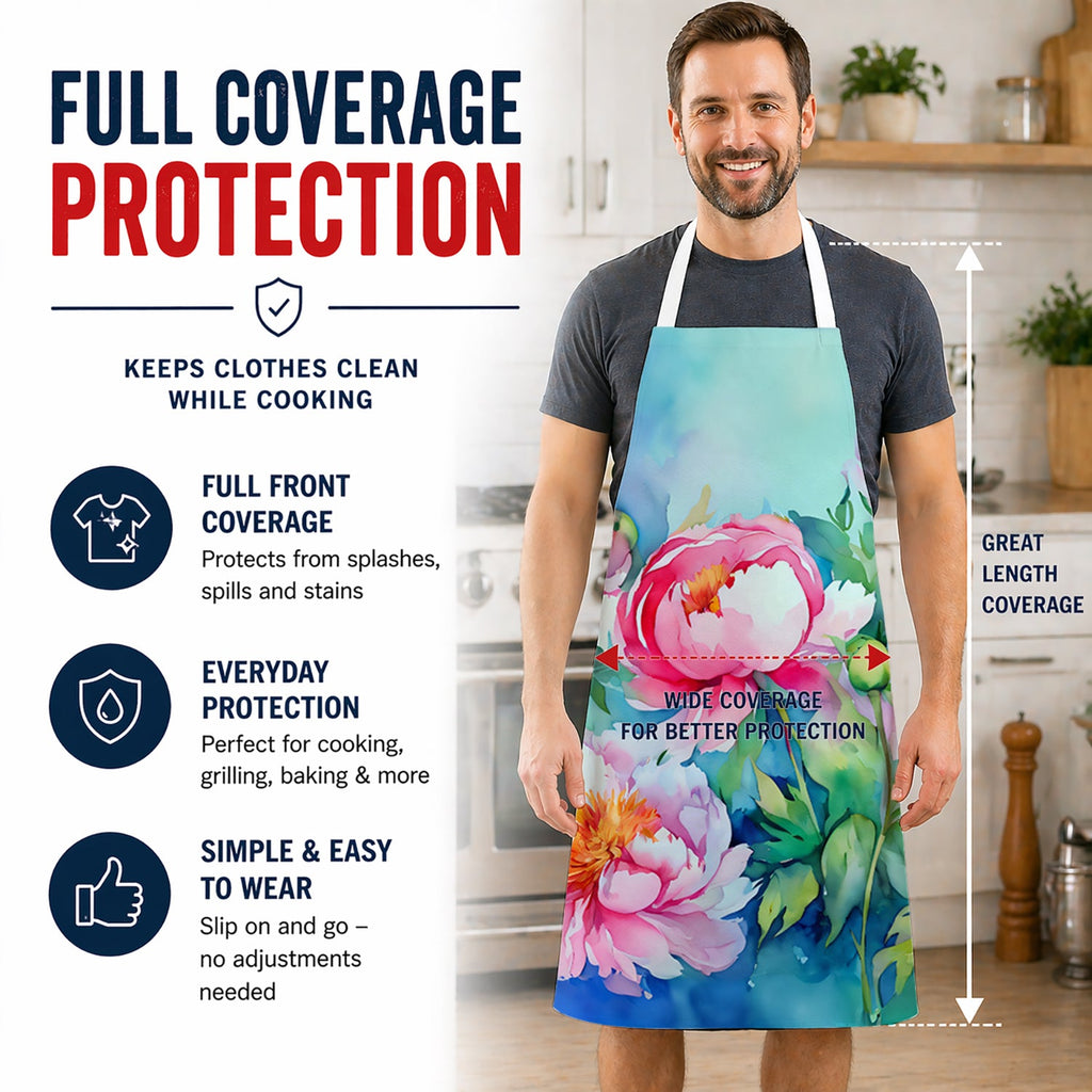 Peonies in Watercolor Apron Cooking Kitchen Server Baking Crafts Gardening for Adult Women Men, Unisex, Large, Multicolor