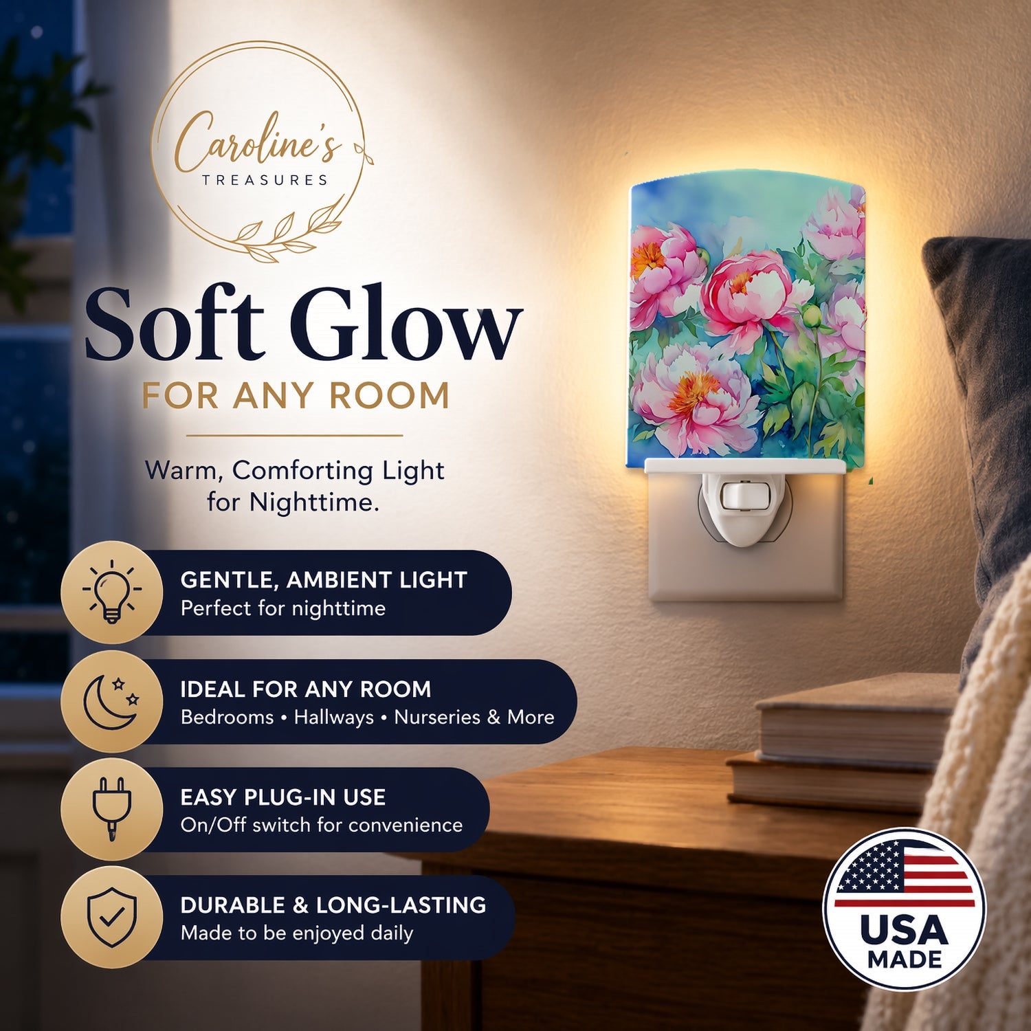 Peonies in Watercolor Ceramic Night Light Compact, UL-Certified, Ideal for Bedroom, Bathroom, Nursery, Hallway, Kitchen, 6x4x3, Multicolor