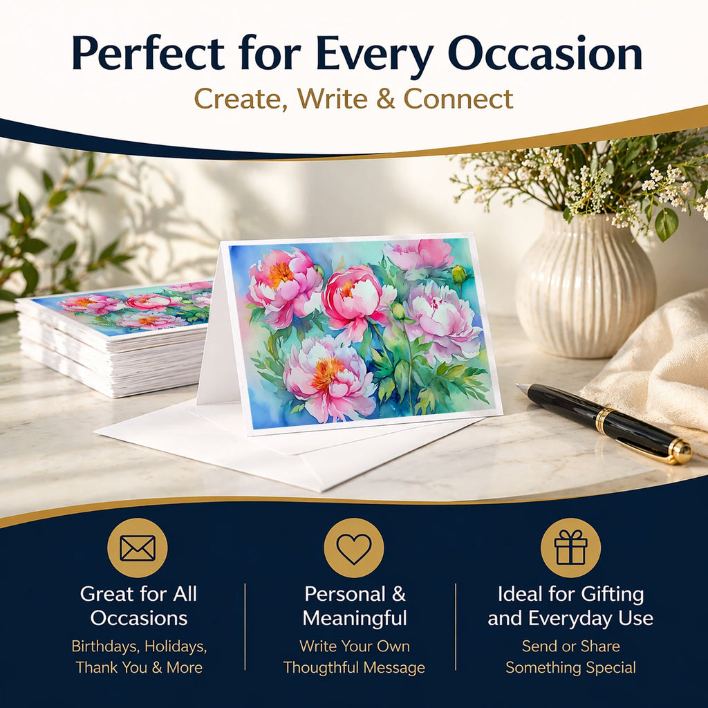 Peonies in Watercolor Greeting Cards Pack of 8 Blank Cards with Envelopes Whimsical A7 Size 5x7