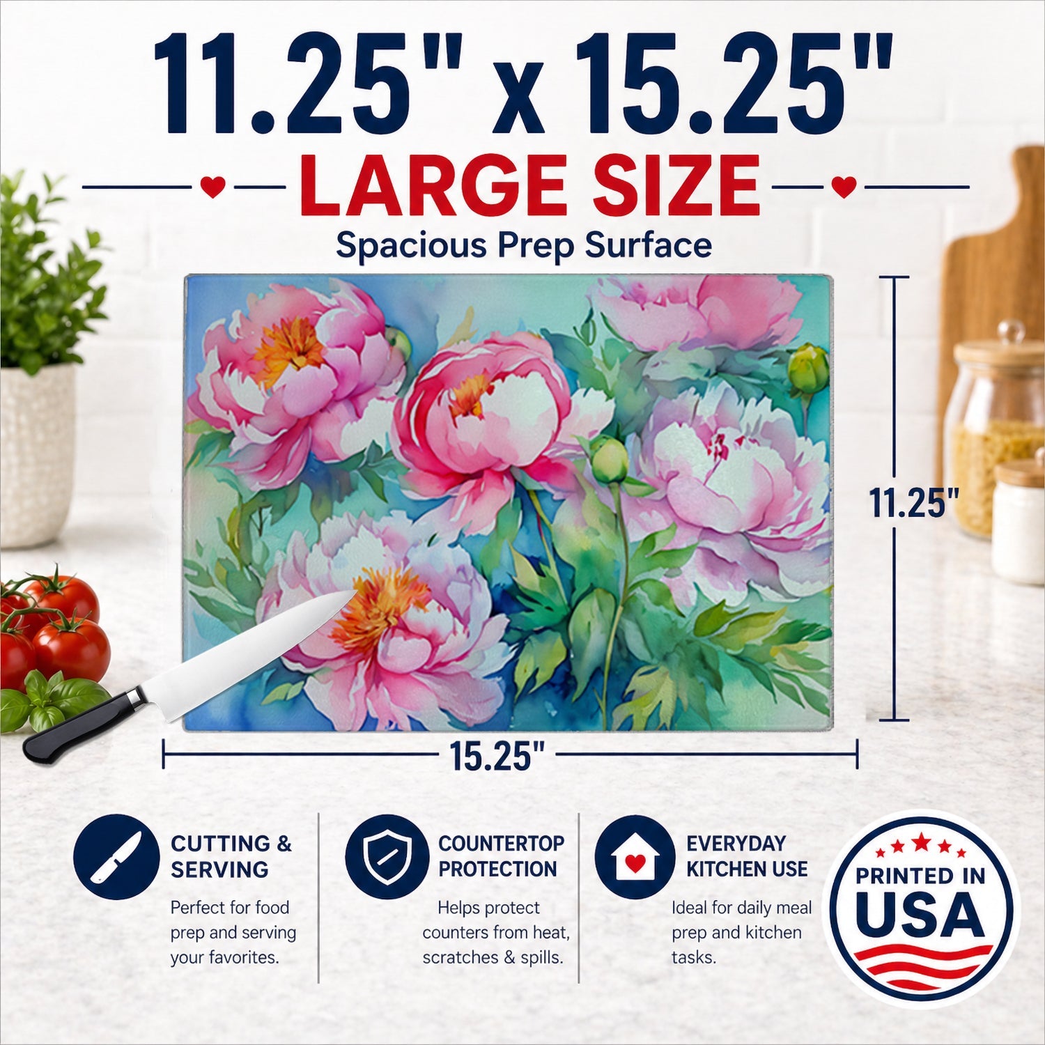 Peonies in Watercolor Cutting Board Tempered Glass Kitchen Cutting Surface, Heat Resistant Chopping, Non-Slip Feet, Food Prep & Serving