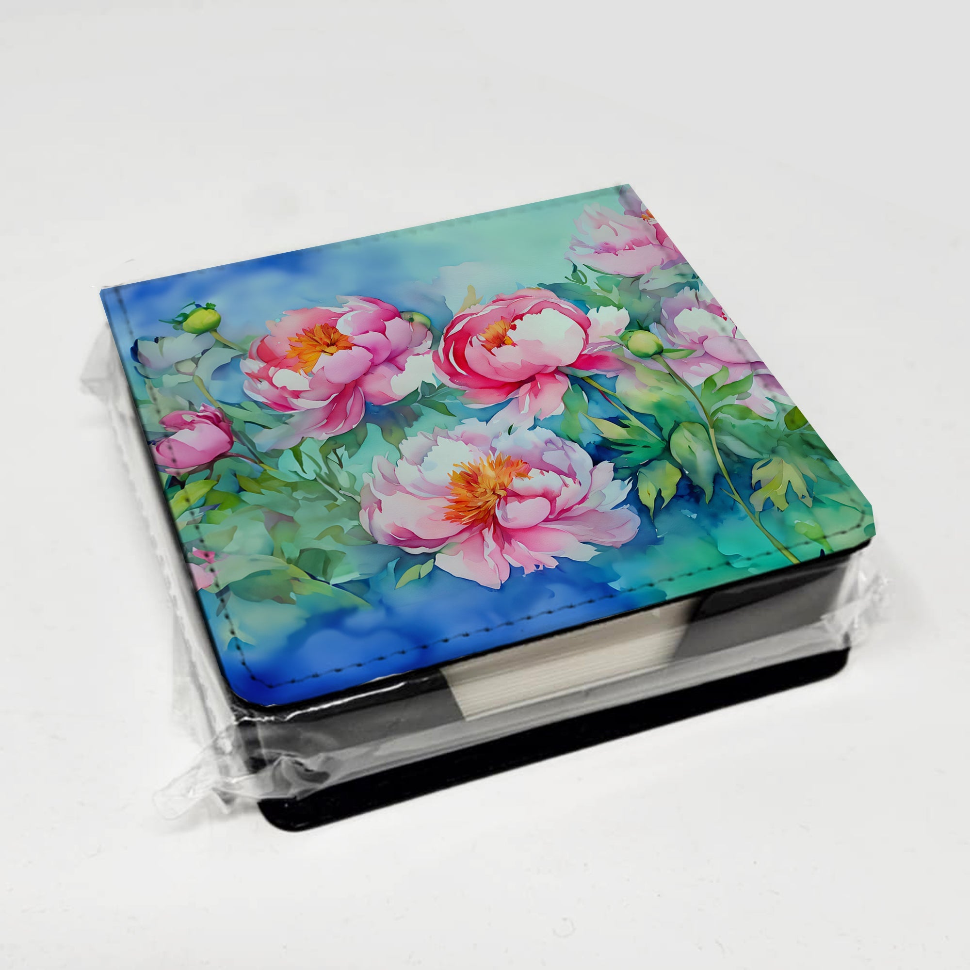 Peonies in Watercolor PU Leather Note Paper Holder with Artist-Designed Cover, Desk Accessory, Office Gift
