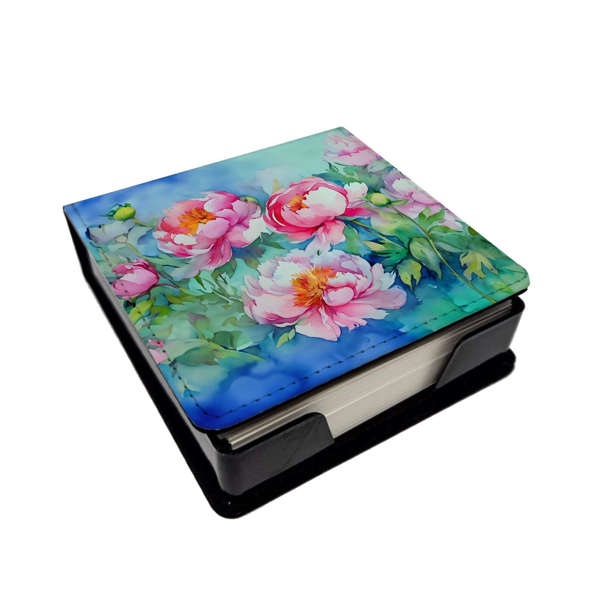 Peonies in Watercolor PU Leather Note Paper Holder with Artist-Designed Cover, Desk Accessory, Office Gift