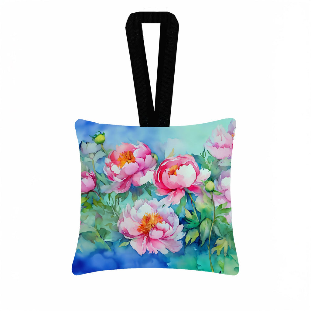 Peonies in Watercolor Hanging Square Fabric Ornament 3.5 × 3.5 Decorative Door-Knob & Tree Hanger, Soft Fabric