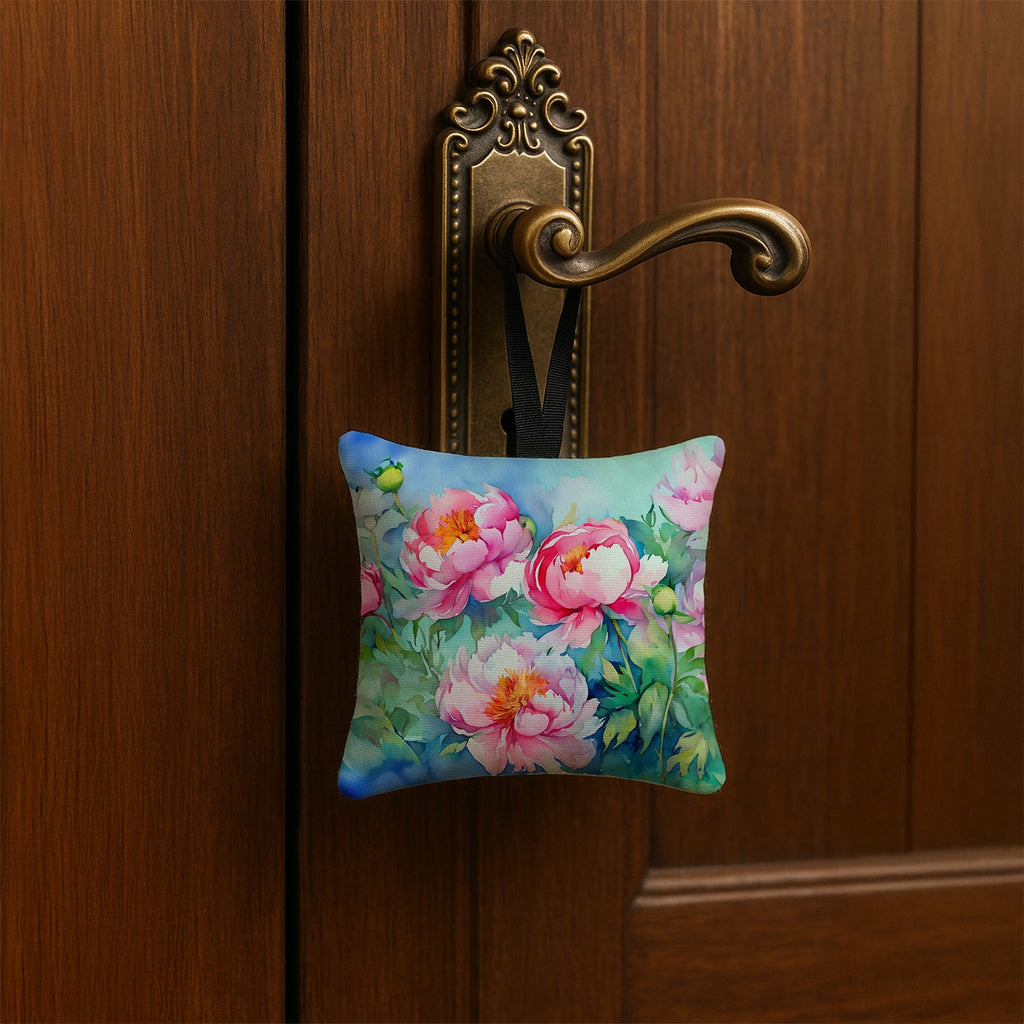 Peonies in Watercolor Hanging Square Fabric Ornament 3.5 × 3.5 Decorative Door-Knob & Tree Hanger, Soft Fabric