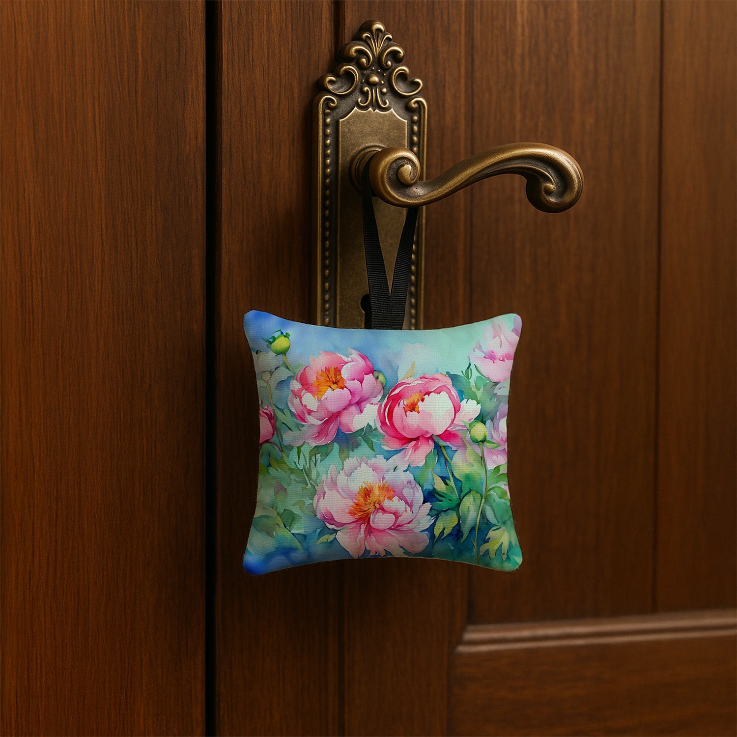 Peonies in Watercolor Hanging Square Fabric Ornament 3.5 × 3.5 Decorative Door-Knob & Tree Hanger, Soft Fabric