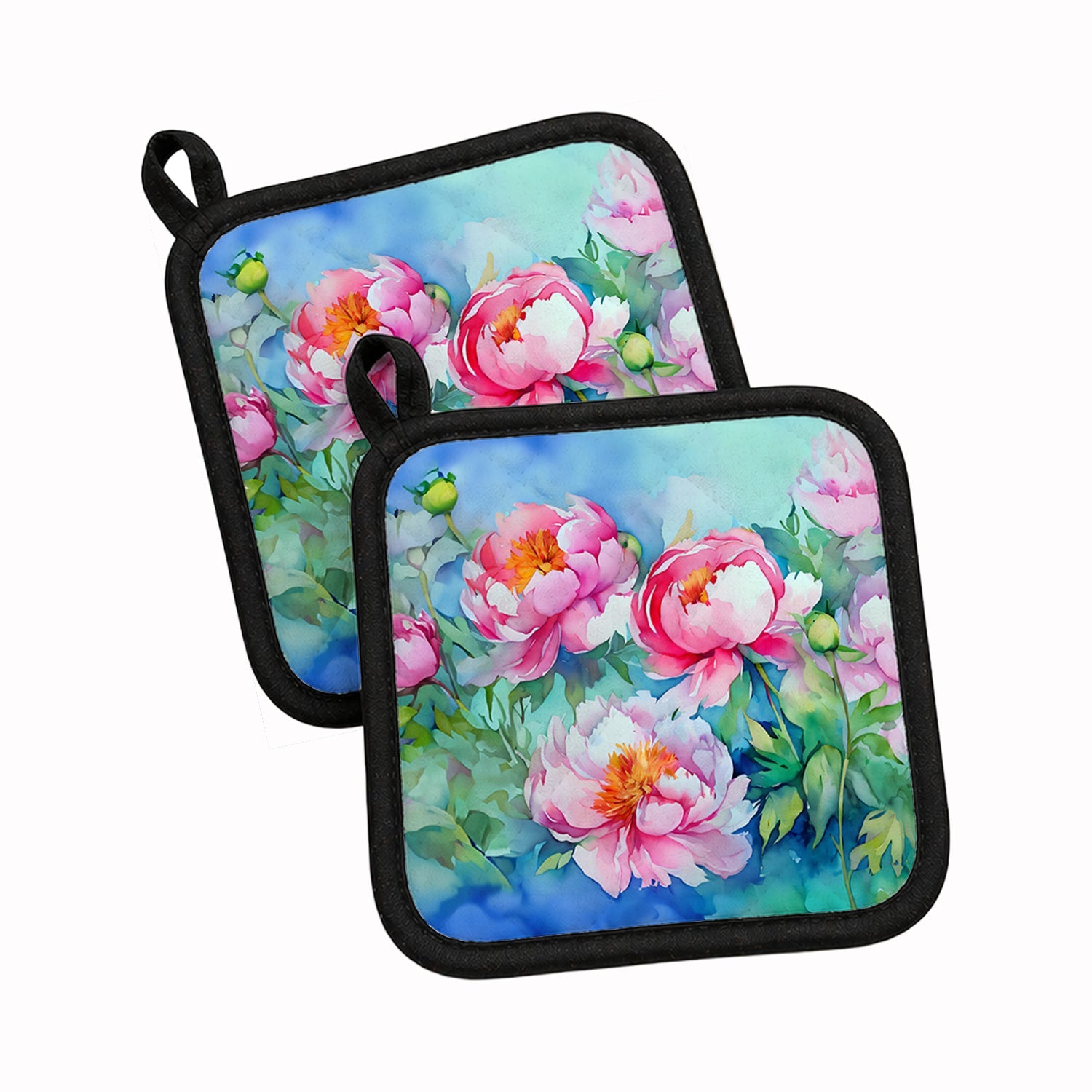 Peonies in Watercolor Pot Holder Set of 2 Heat Resistant Quilted Hot Pads 7.5 x 7.5 Inch, Insulated Kitchen Trivets for Cooking & Baking