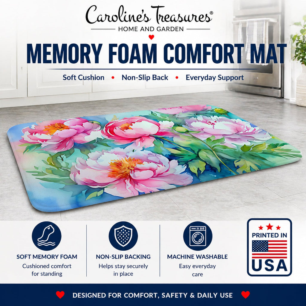 Peonies in Watercolor Memory Foam Kitchen Mat Machine Washable Anti-Fatigue Cushion Comfort Bath or Kitchen Rug