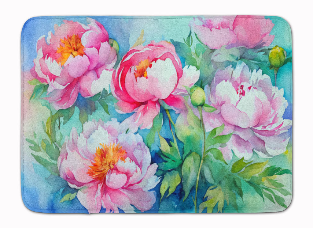Peonies in Watercolor Memory Foam Kitchen Mat Machine Washable Anti-Fatigue Cushion Comfort Bath or Kitchen Rug