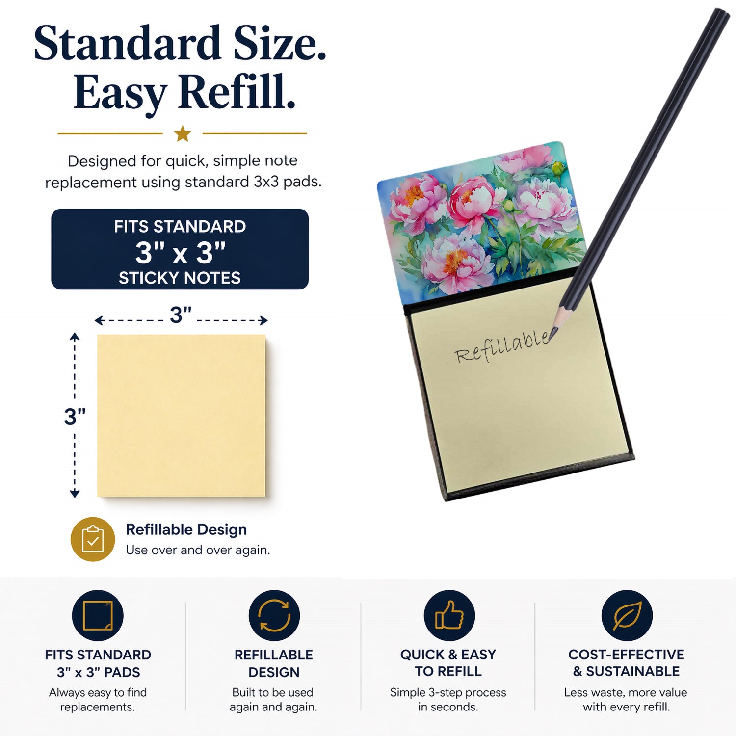Peonies in Watercolor Watercolor Sticky Note Holder Refillable Dispenser Desk Accessory 3x3 Pad Gift