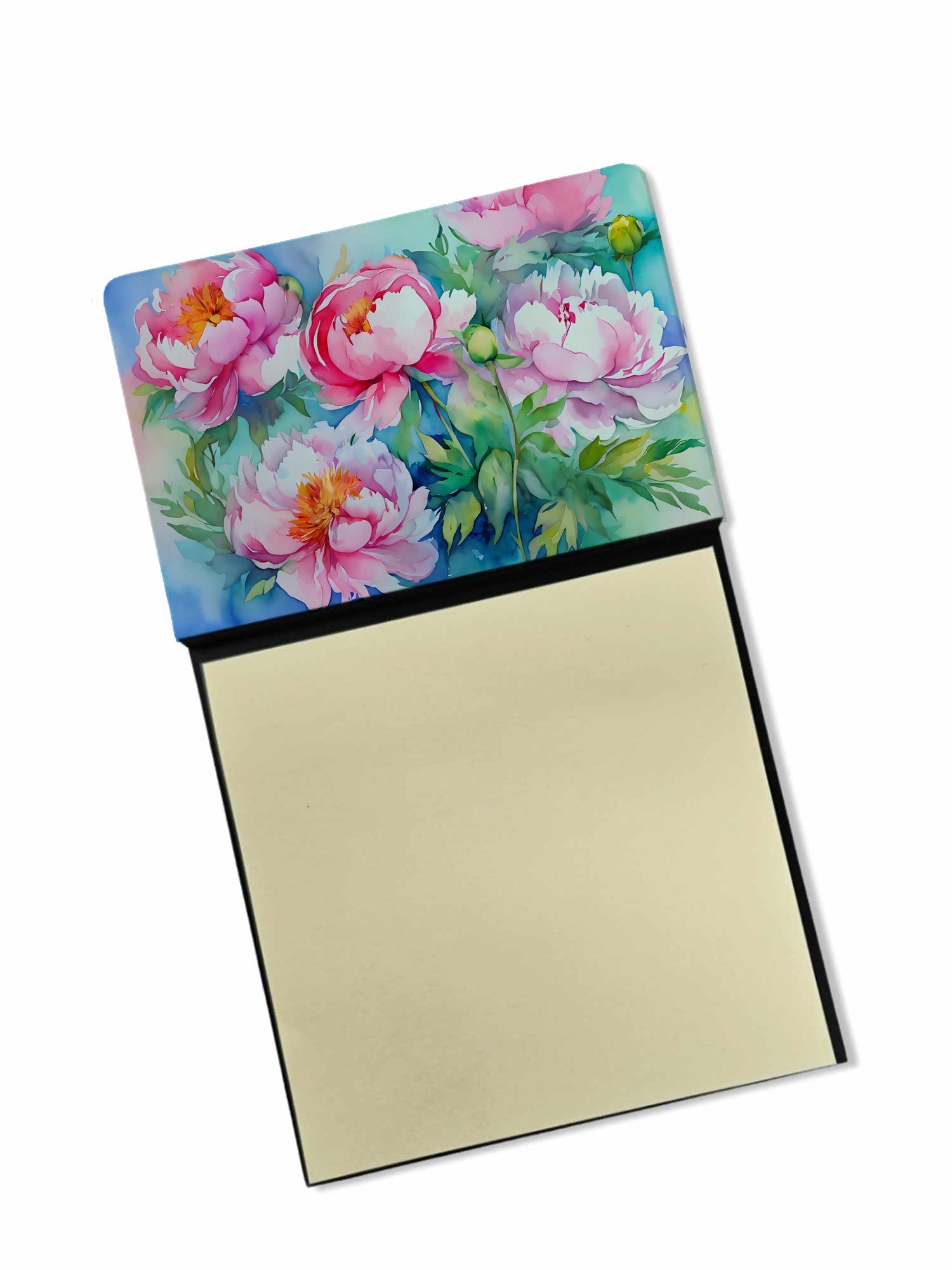 Peonies in Watercolor Watercolor Sticky Note Holder Refillable Dispenser Desk Accessory 3x3 Pad Gift