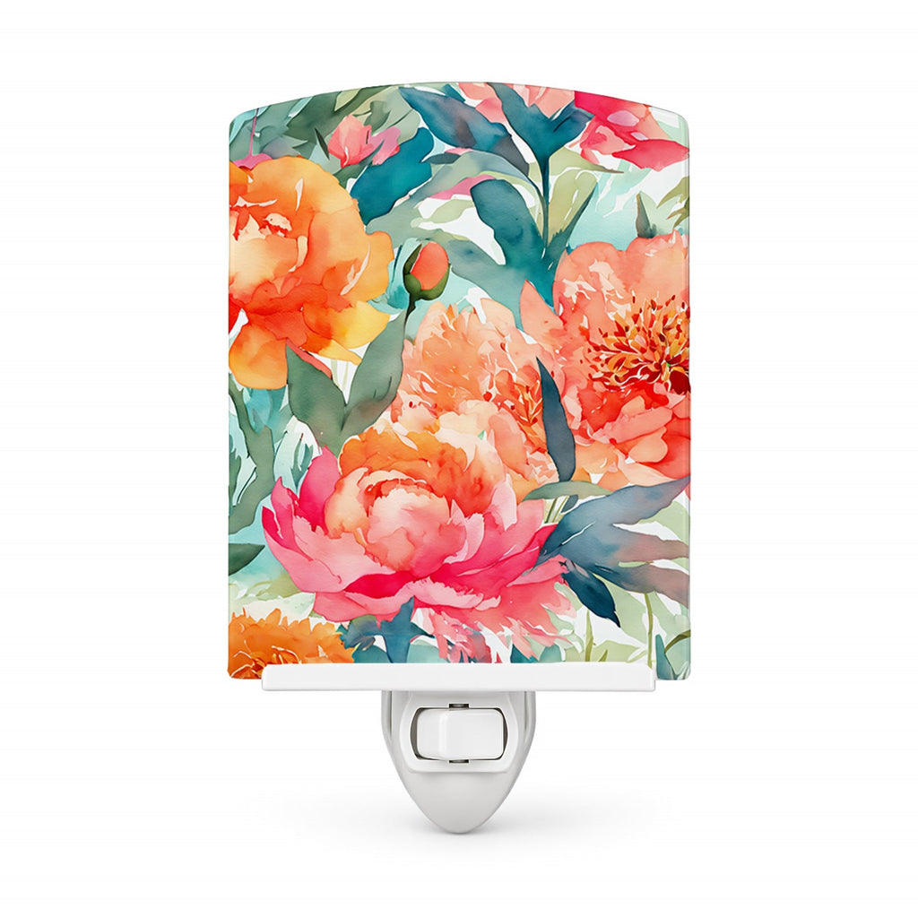 Peonies in Watercolor Ceramic Night Light Compact, UL-Certified, Ideal for Bedroom, Bathroom, Nursery, Hallway, Kitchen, 6x4x3, Multicolor